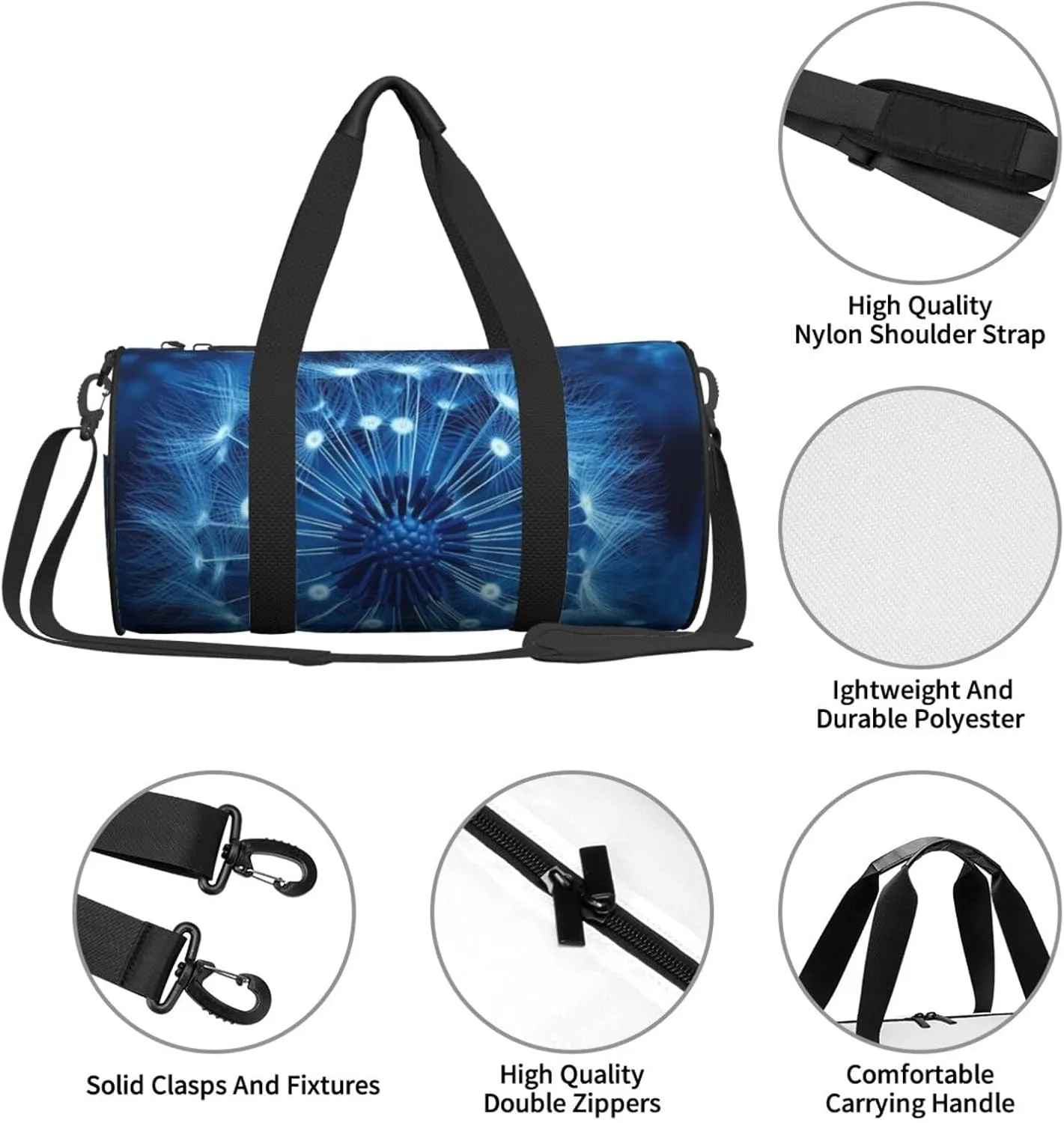 Sports Gym Bag for Women Men Travel Duffel Bag Tote Weekender Bag Carry on Overnight Bag for Travel Swimming Fitness Workout Sports Blue Dandelion Duffle Bag