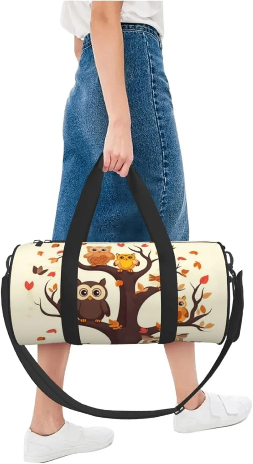 Sports Gym Bag for Women Men Travel Duffel Bag Tote Weekender Bag Carry on Overnight Bag for Travel Swimming Fitness Workout Sports Cartoon Family Owls On The Brown Tree Duffle Bag