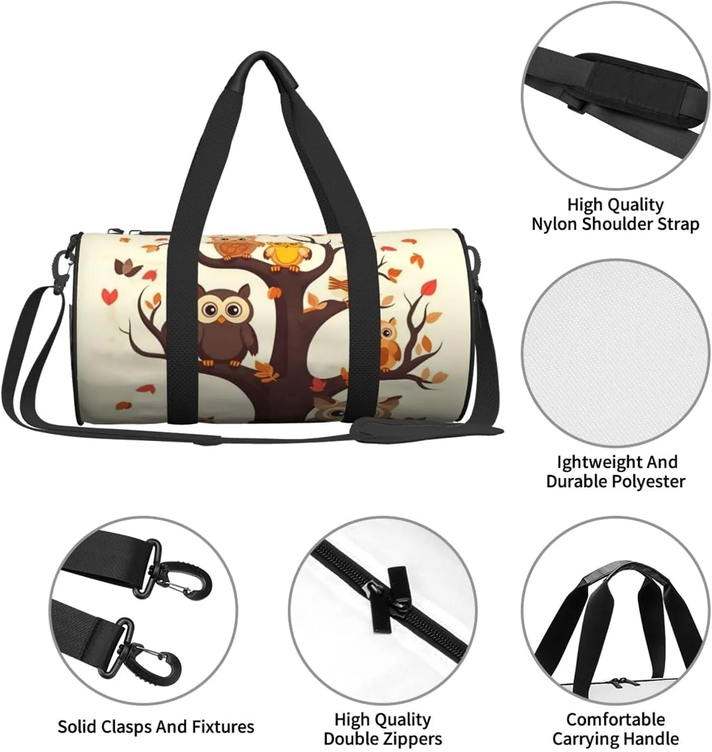 Sports Gym Bag for Women Men Travel Duffel Bag Tote Weekender Bag Carry on Overnight Bag for Travel Swimming Fitness Workout Sports Cartoon Family Owls On The Brown Tree Duffle Bag