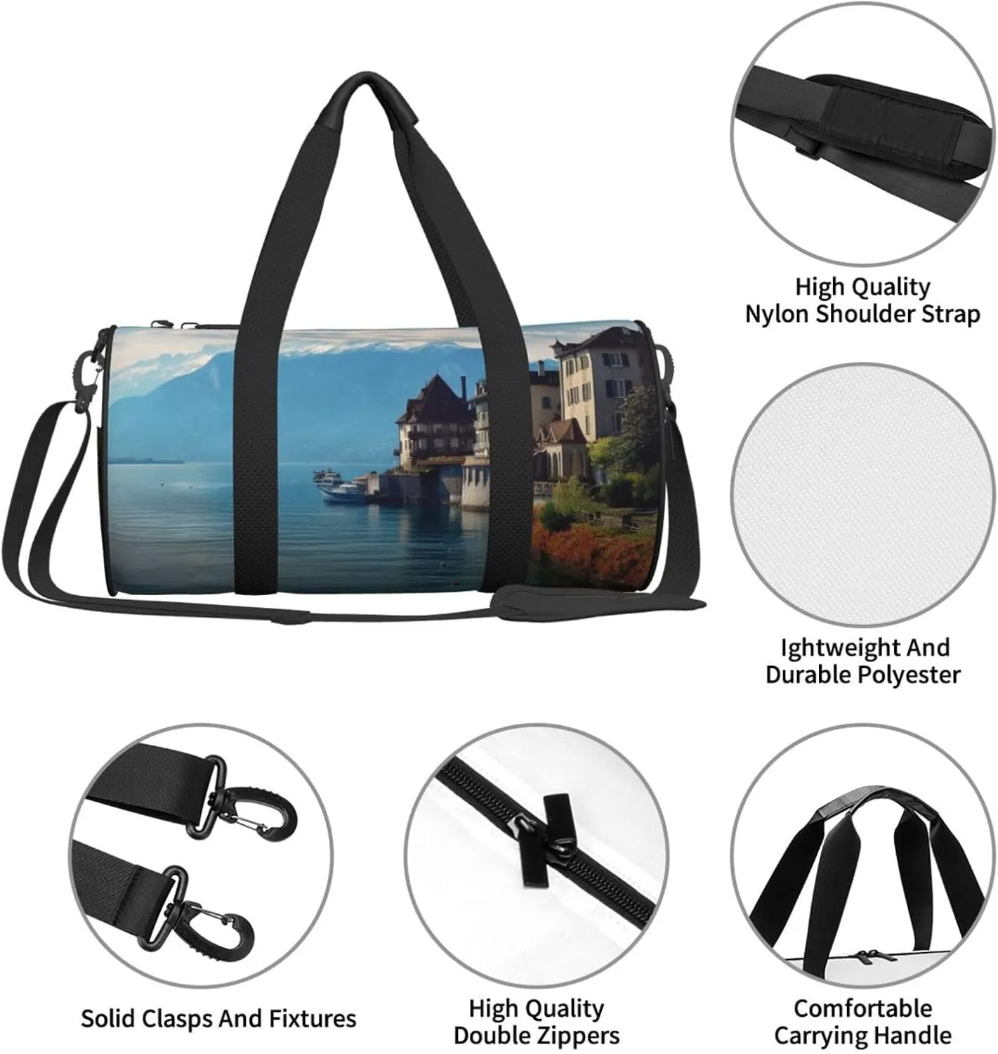 Sports Gym Bag for Women Men Travel Duffel Bag Tote Weekender Bag Carry on Overnight Bag for Travel Swimming Fitness Workout Sports Lake Geneva Switzerland Duffle Bag