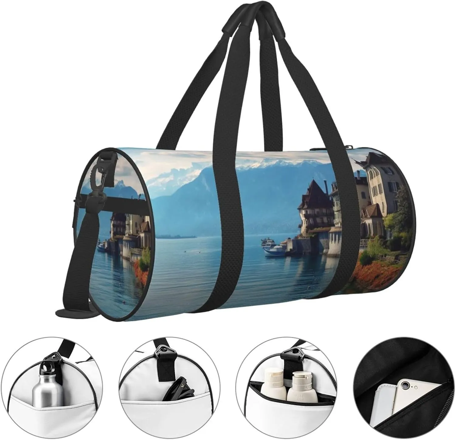 Sports Gym Bag for Women Men Travel Duffel Bag Tote Weekender Bag Carry on Overnight Bag for Travel Swimming Fitness Workout Sports Lake Geneva Switzerland Duffle Bag