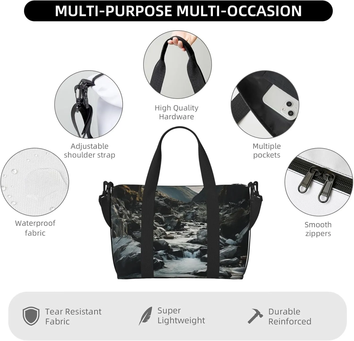 Sports Gym Bag for Women Men Travel Duffel Bag Tote Weekender Bag Carry on Overnight Bag for Travel Swimming Fitness Workout Sports River and gray rocks Duffle Bag