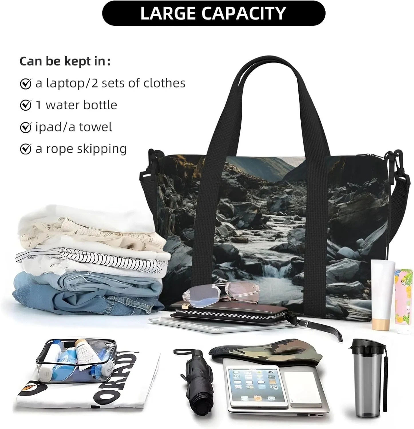 Sports Gym Bag for Women Men Travel Duffel Bag Tote Weekender Bag Carry on Overnight Bag for Travel Swimming Fitness Workout Sports River and gray rocks Duffle Bag