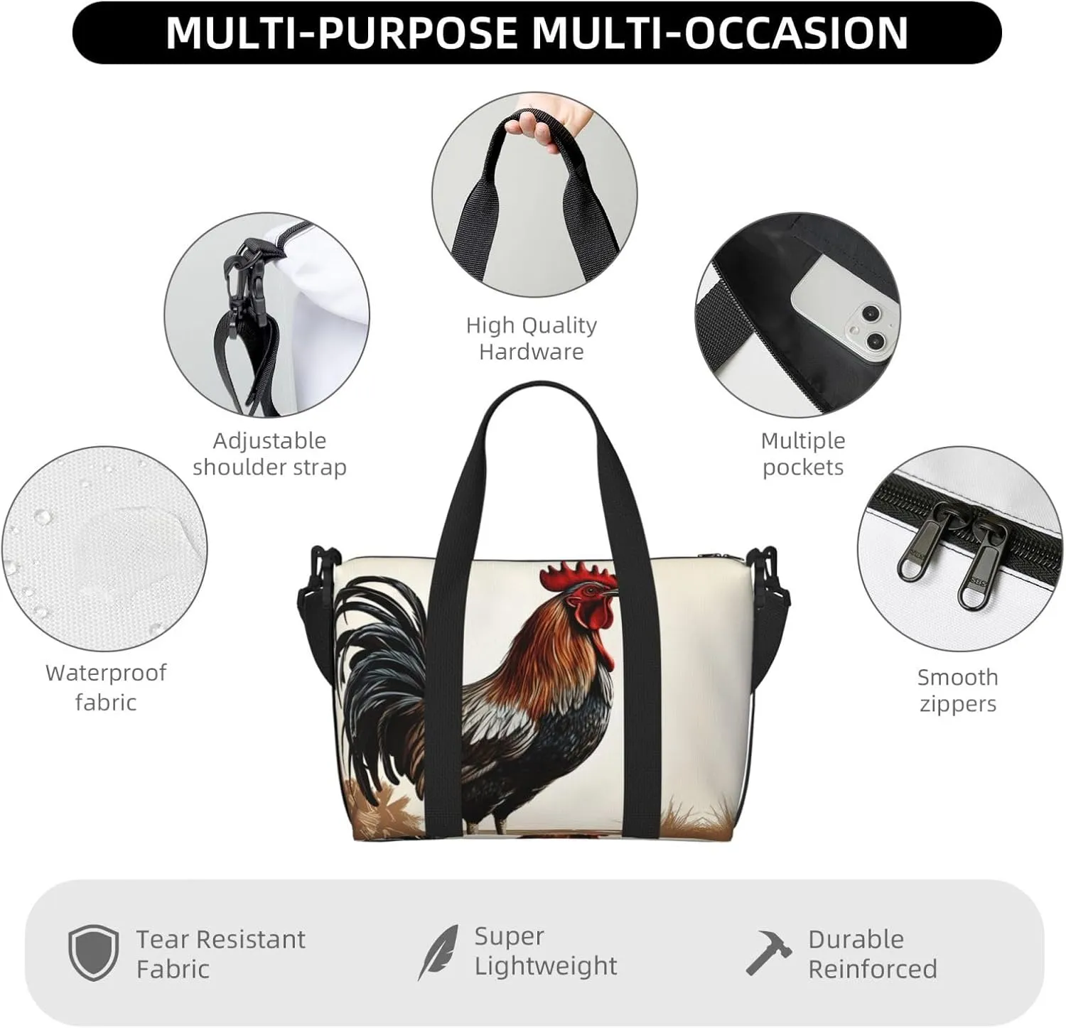 Sports Gym Bag for Women Men Travel Duffel Bag Tote Weekender Bag Carry on Overnight Bag for Travel Swimming Fitness Workout Sports Rooster Duffle Bag