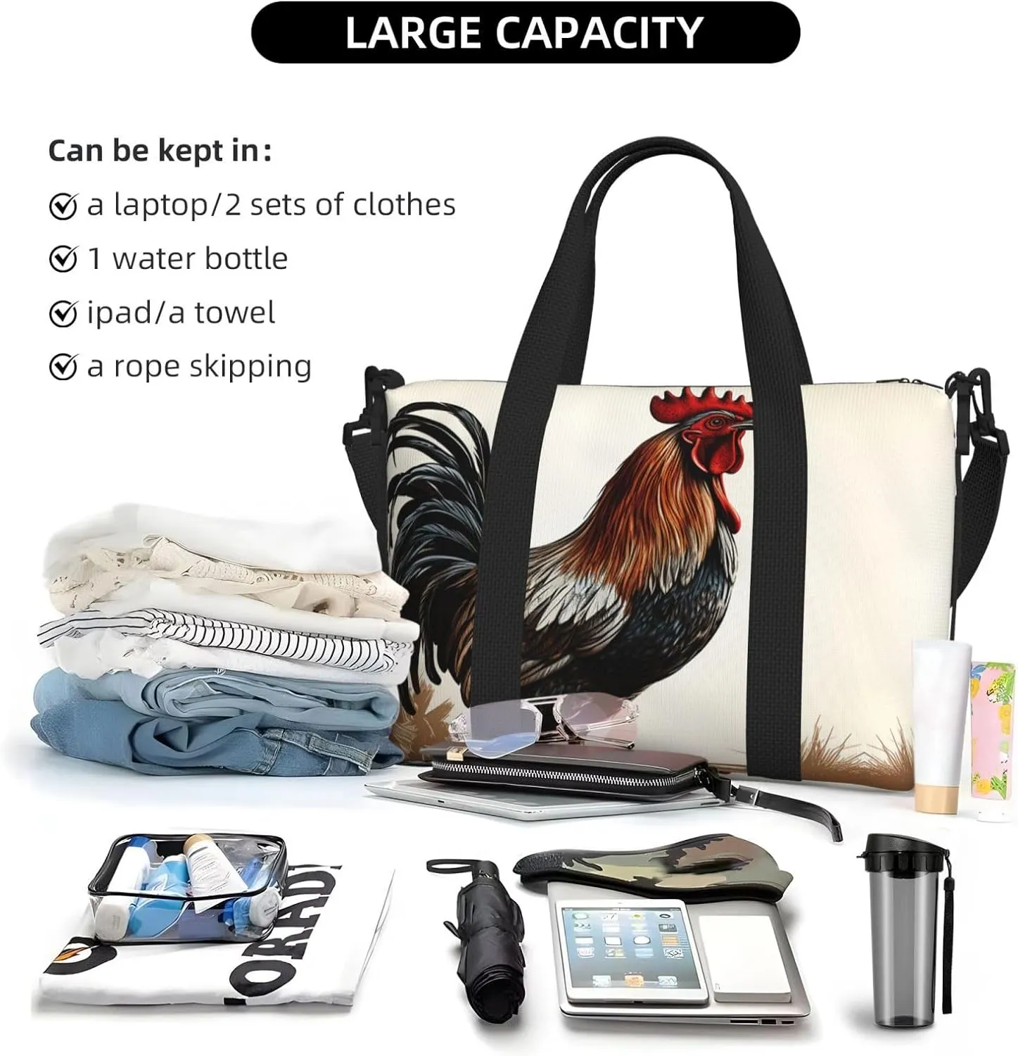 Sports Gym Bag for Women Men Travel Duffel Bag Tote Weekender Bag Carry on Overnight Bag for Travel Swimming Fitness Workout Sports Rooster Duffle Bag