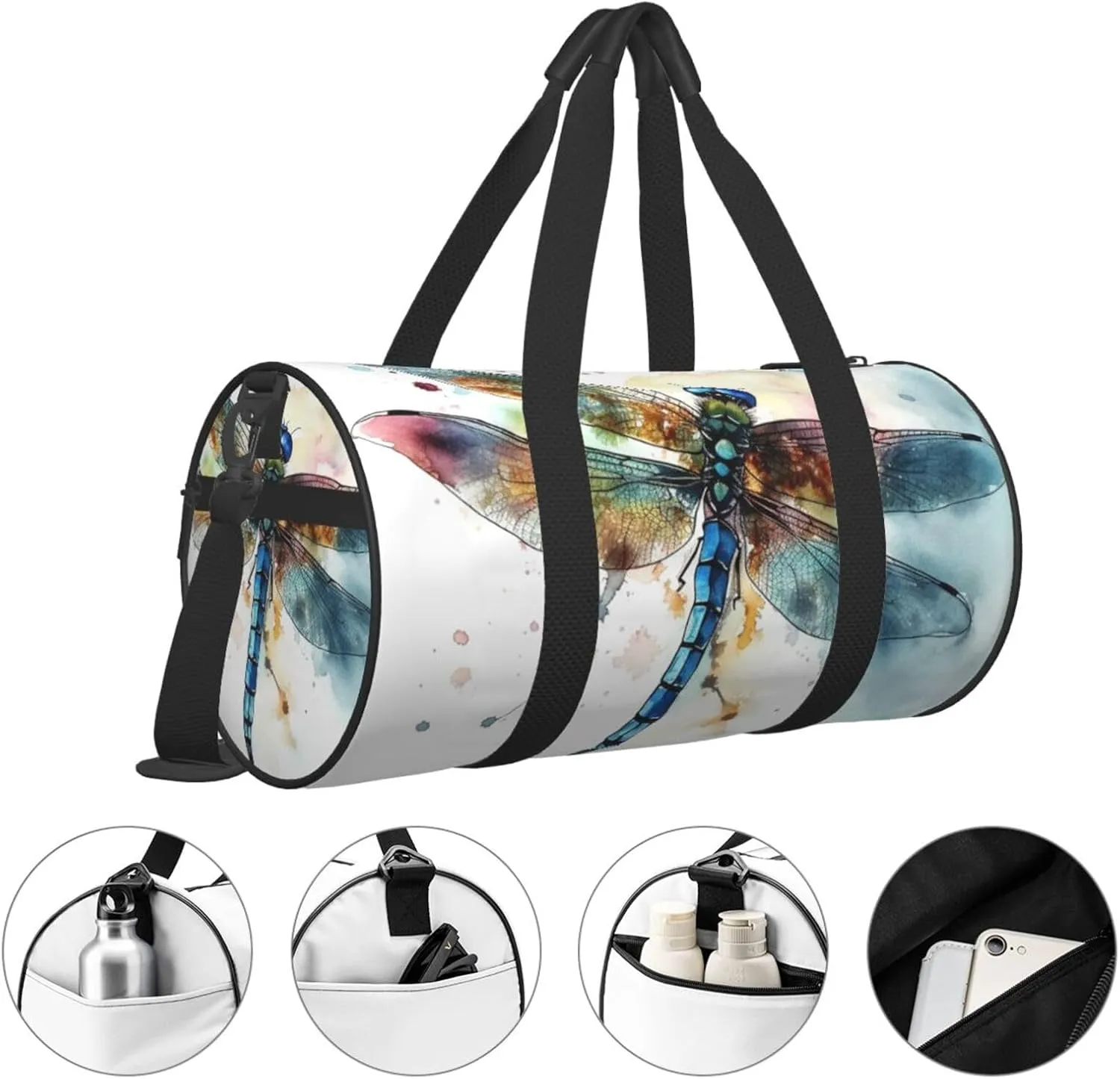Sports Gym Bag for Women Men Travel Duffel Bag Tote Weekender Bag Carry on Overnight Bag for Travel Swimming Fitness Workout Sports Watercolour Dragonfly Duffle Bag
