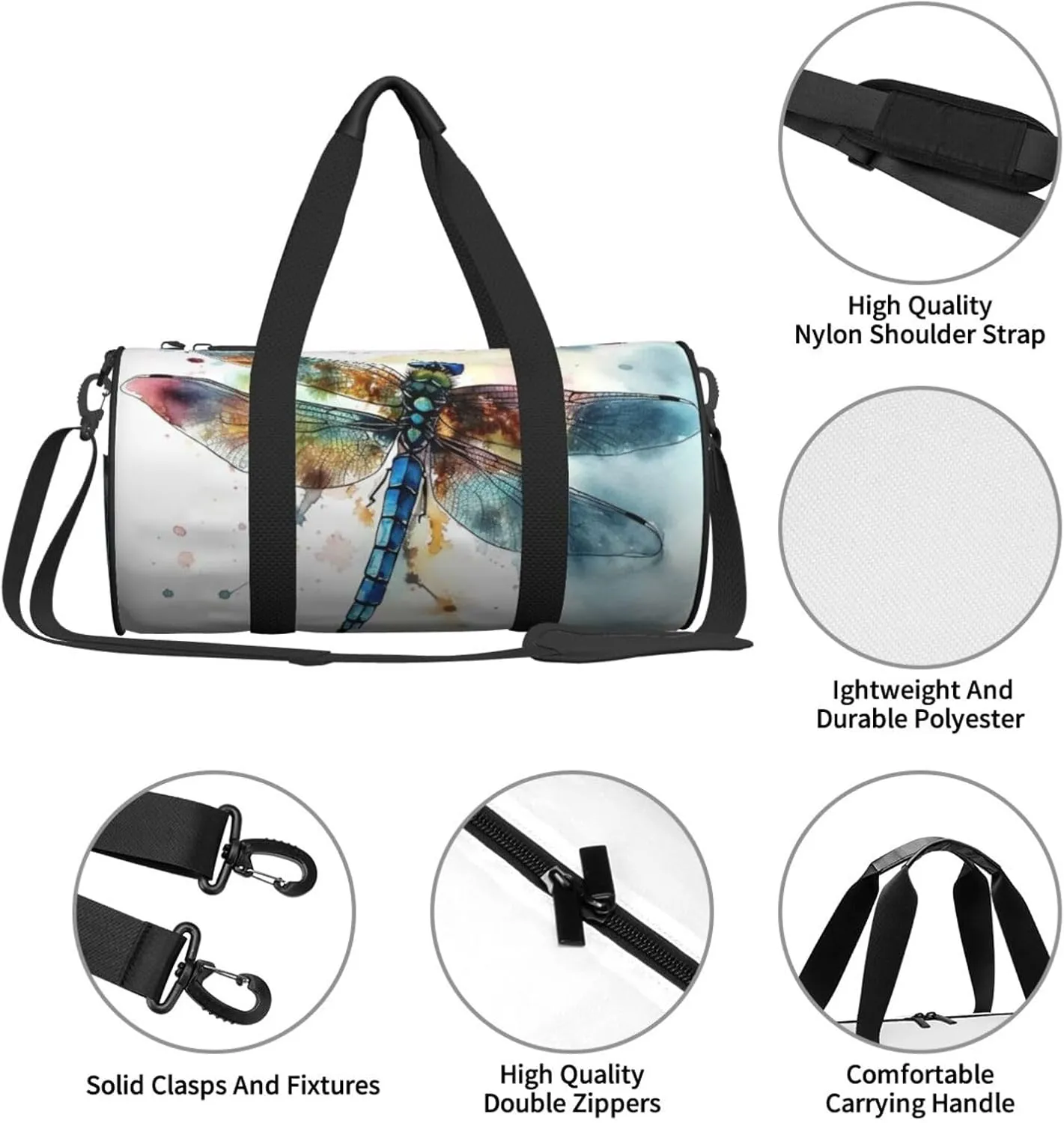Sports Gym Bag for Women Men Travel Duffel Bag Tote Weekender Bag Carry on Overnight Bag for Travel Swimming Fitness Workout Sports Watercolour Dragonfly Duffle Bag
