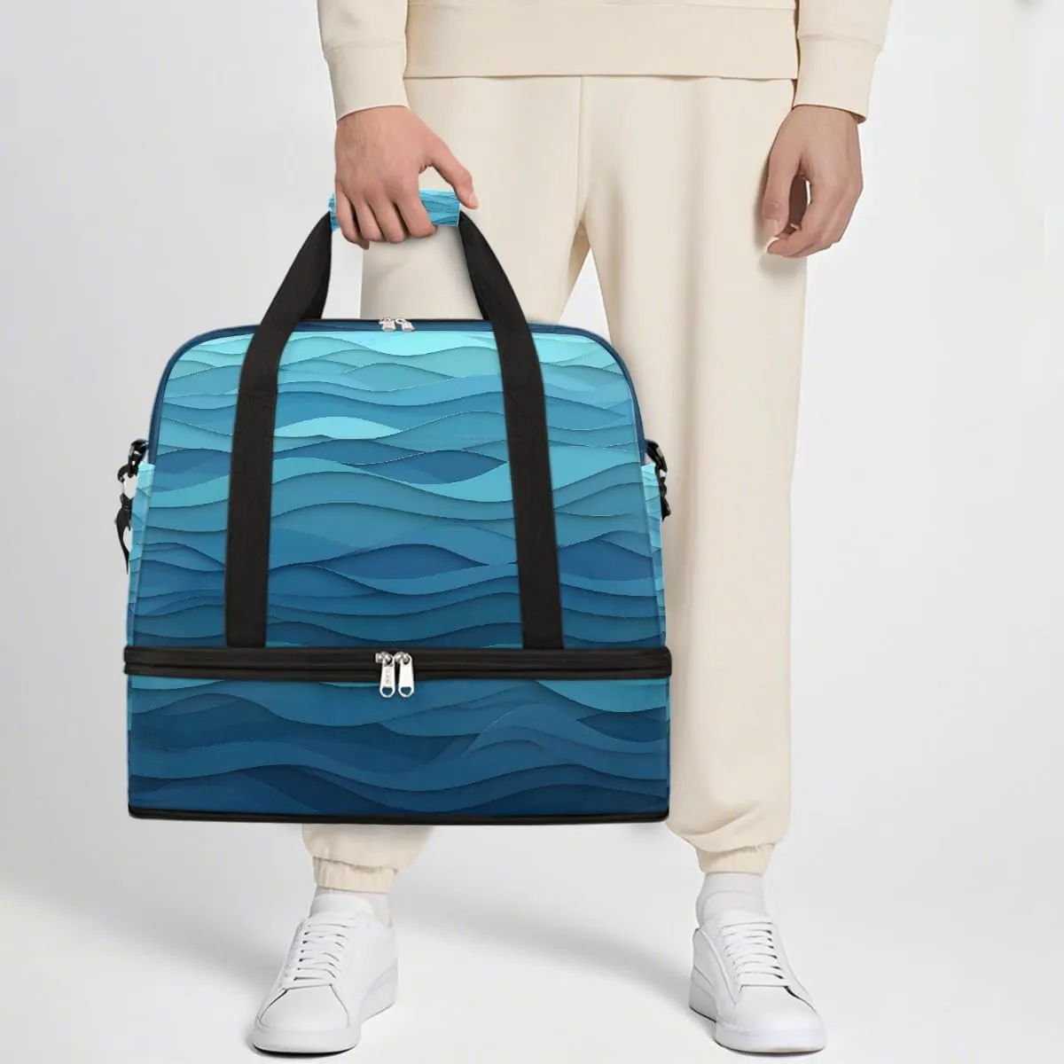 Sports Gym Bag Water Ripple Blue Large Travel Duffel Bag With Shoe Compartment Foldable Waterproof Carry-On Weekend Travel Bags for Camping Overnight Yoga Hospital Travel Bags