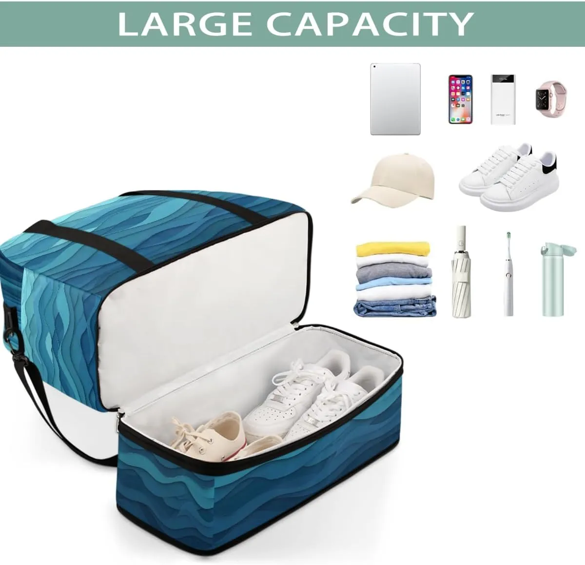 Sports Gym Bag Water Ripple Blue Large Travel Duffel Bag With Shoe Compartment Foldable Waterproof Carry-On Weekend Travel Bags for Camping Overnight Yoga Hospital Travel Bags
