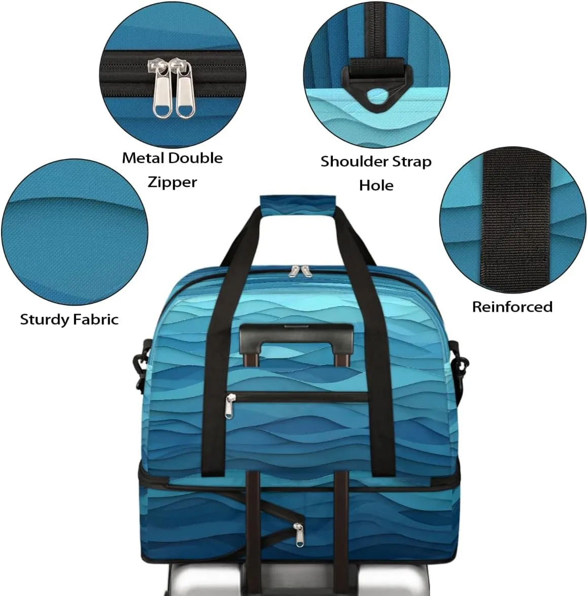 Sports Gym Bag Water Ripple Blue Large Travel Duffel Bag With Shoe Compartment Foldable Waterproof Carry-On Weekend Travel Bags for Camping Overnight Yoga Hospital Travel Bags