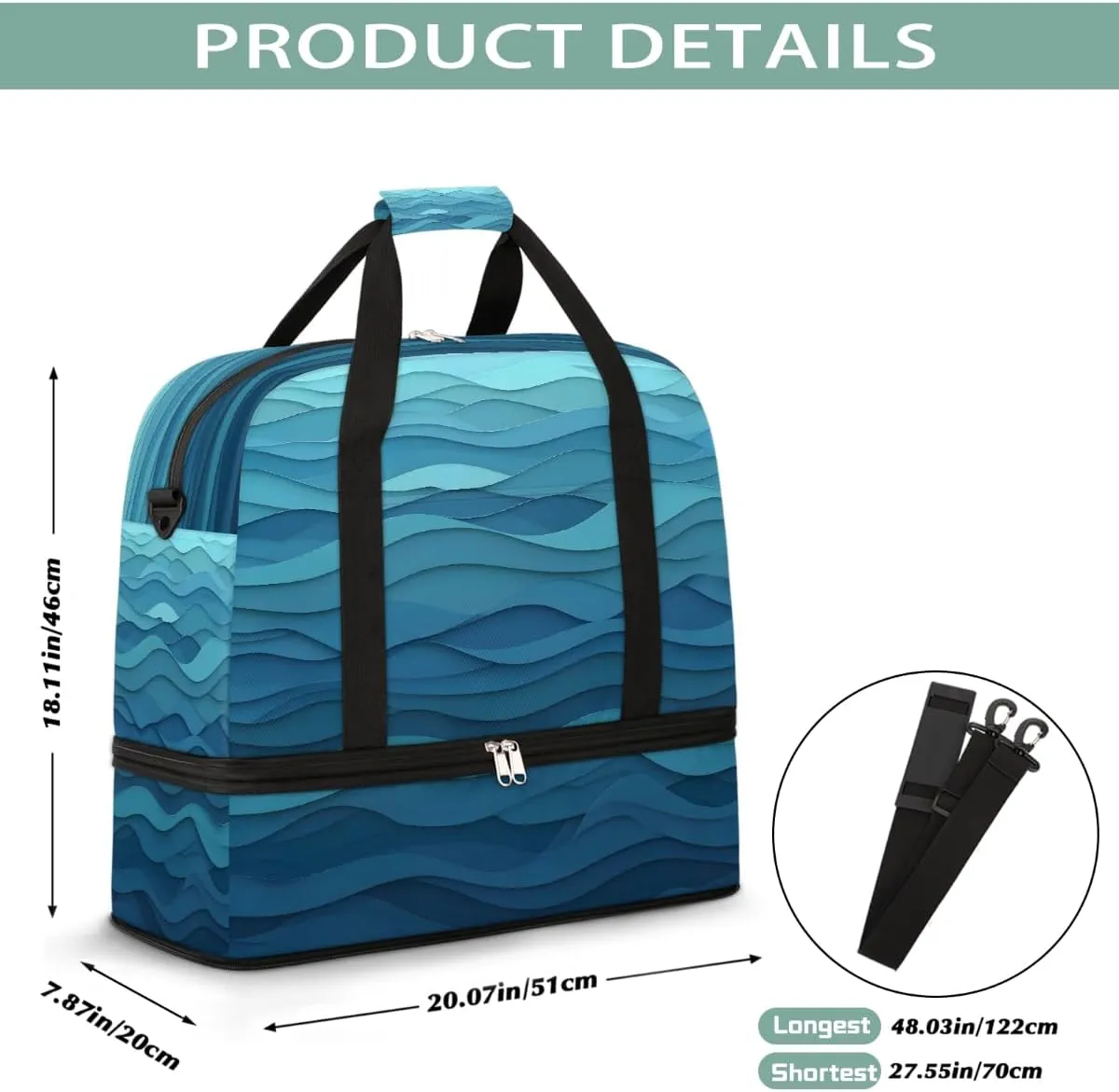 Sports Gym Bag Water Ripple Blue Large Travel Duffel Bag With Shoe Compartment Foldable Waterproof Carry-On Weekend Travel Bags for Camping Overnight Yoga Hospital Travel Bags
