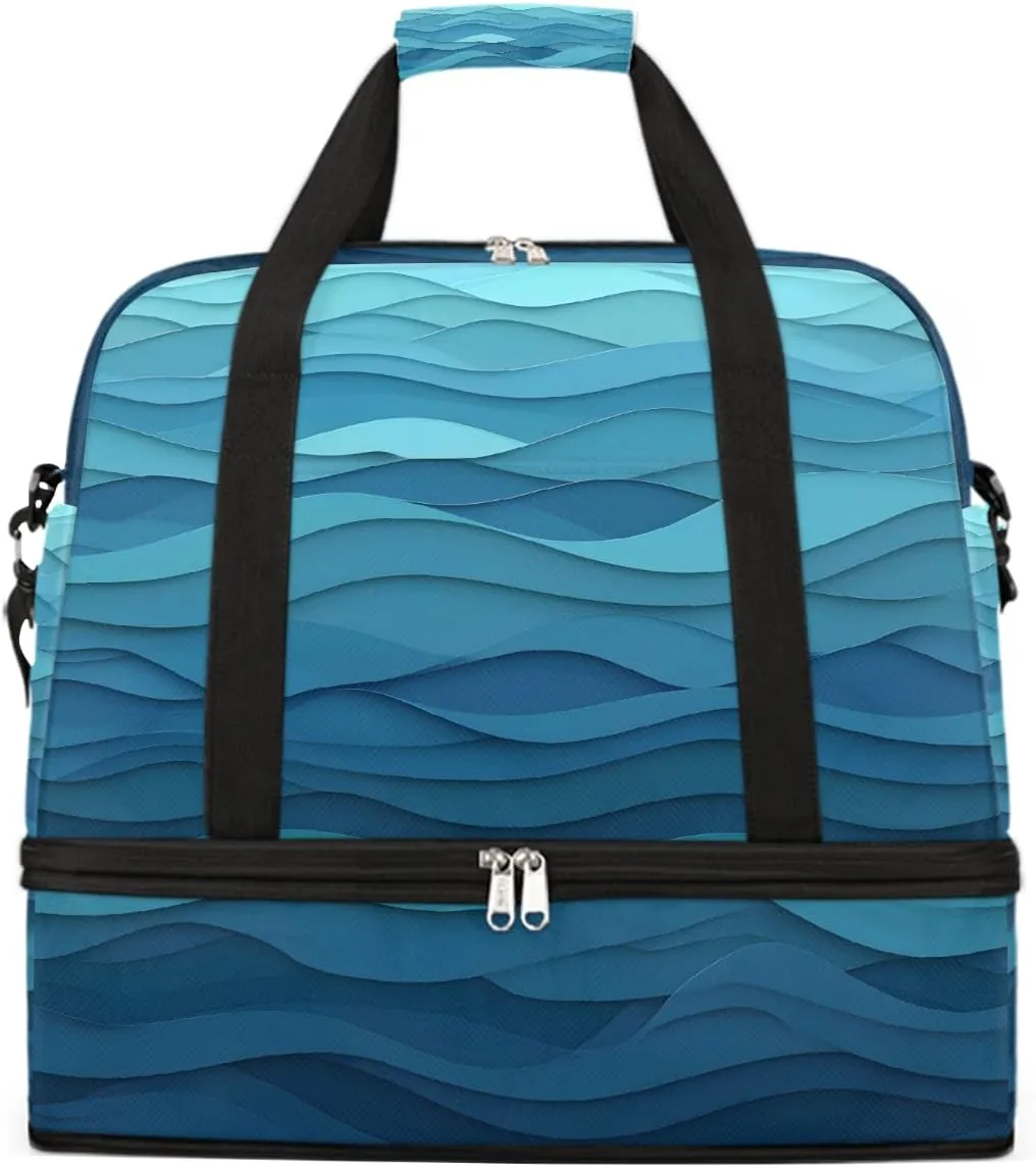 Sports Gym Bag Water Ripple Blue Large Travel Duffel Bag With Shoe Compartment Foldable Waterproof Carry-On Weekend Travel Bags for Camping Overnight Yoga Hospital Travel Bags