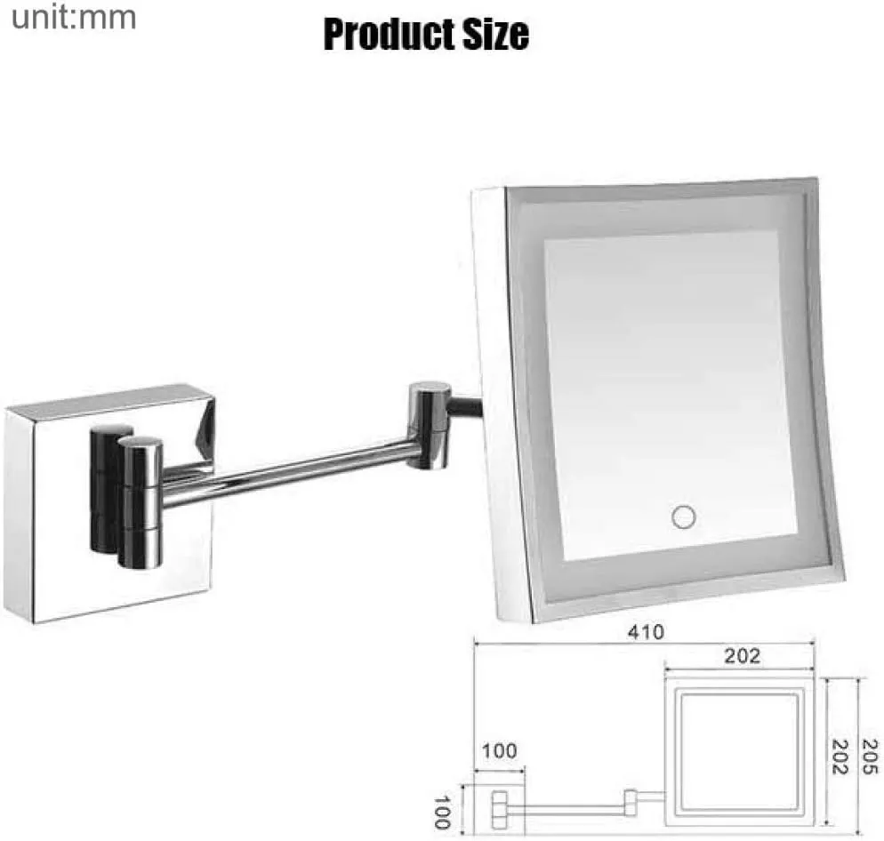 Square Vanity Cosmetic Mirror Wall Mount 3X Magnification Extendable for Shaving in Bedroom(Silver)