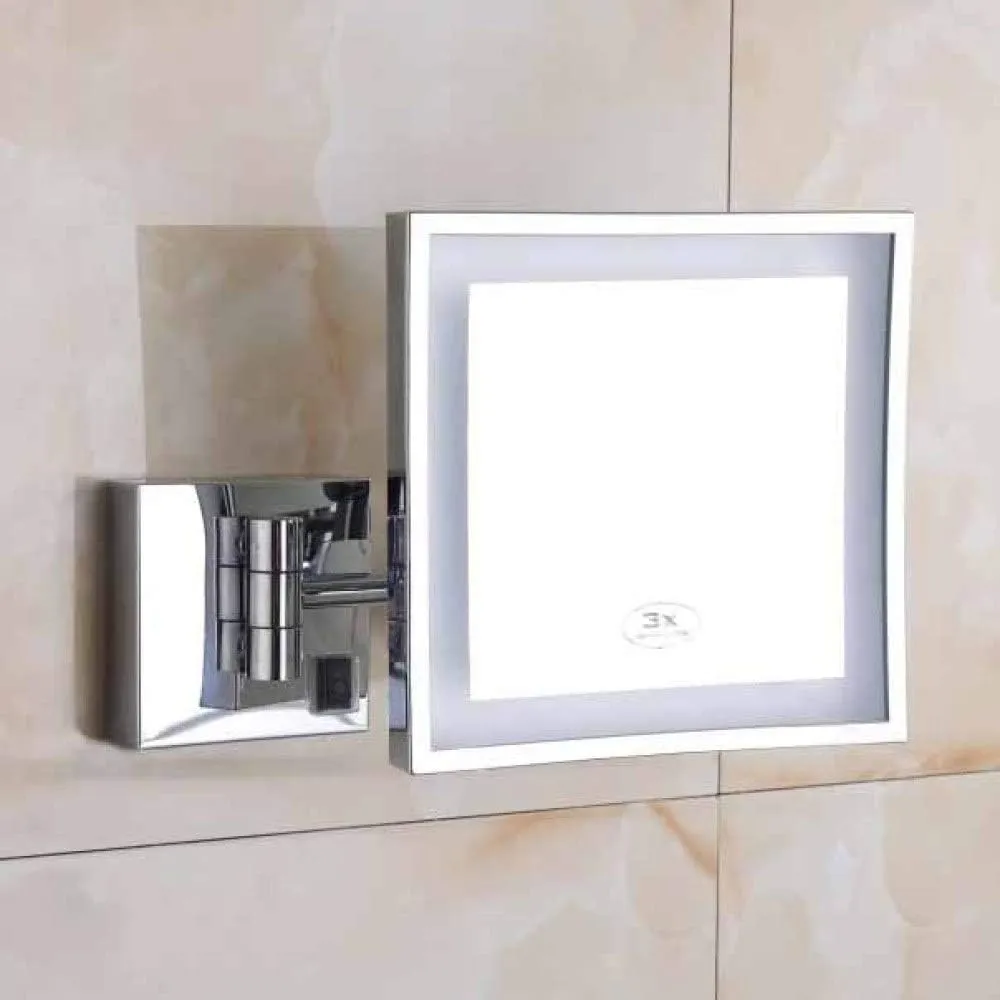 Square Vanity Cosmetic Mirror Wall Mount 3X Magnification Extendable for Shaving in Bedroom(Silver)