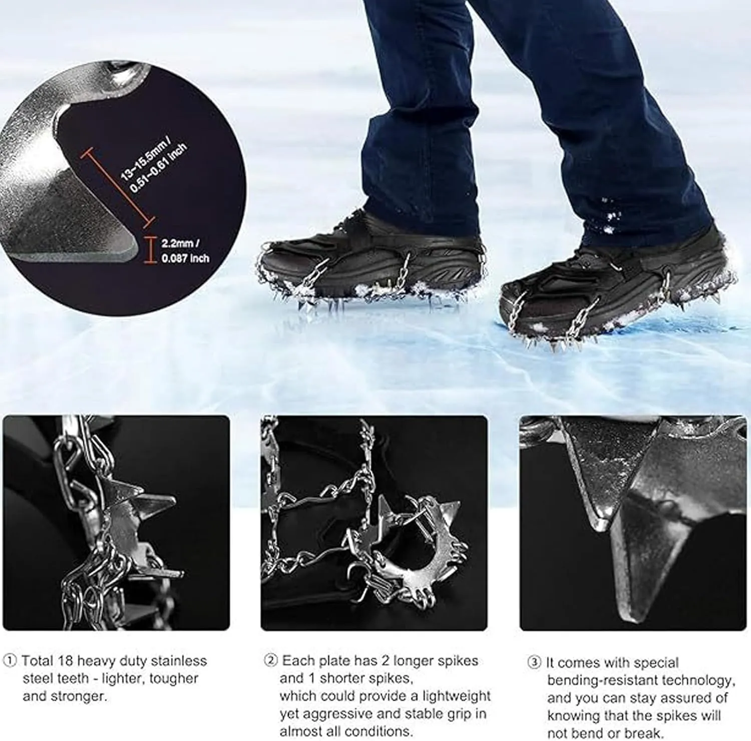 Stainless Steels Ice Grippers Spikes Outdoor 18/19 Tooth Ice Claw Spikes Chain Ice Grasping Skiing Claw