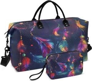 Starry Sky Catching Dreams Feathers Travel Duffel Bags 2PCS,Sports Duffel Bags for Men Women,Weekender Overnight Bag Gym Tote Bag with Toiletry Bag