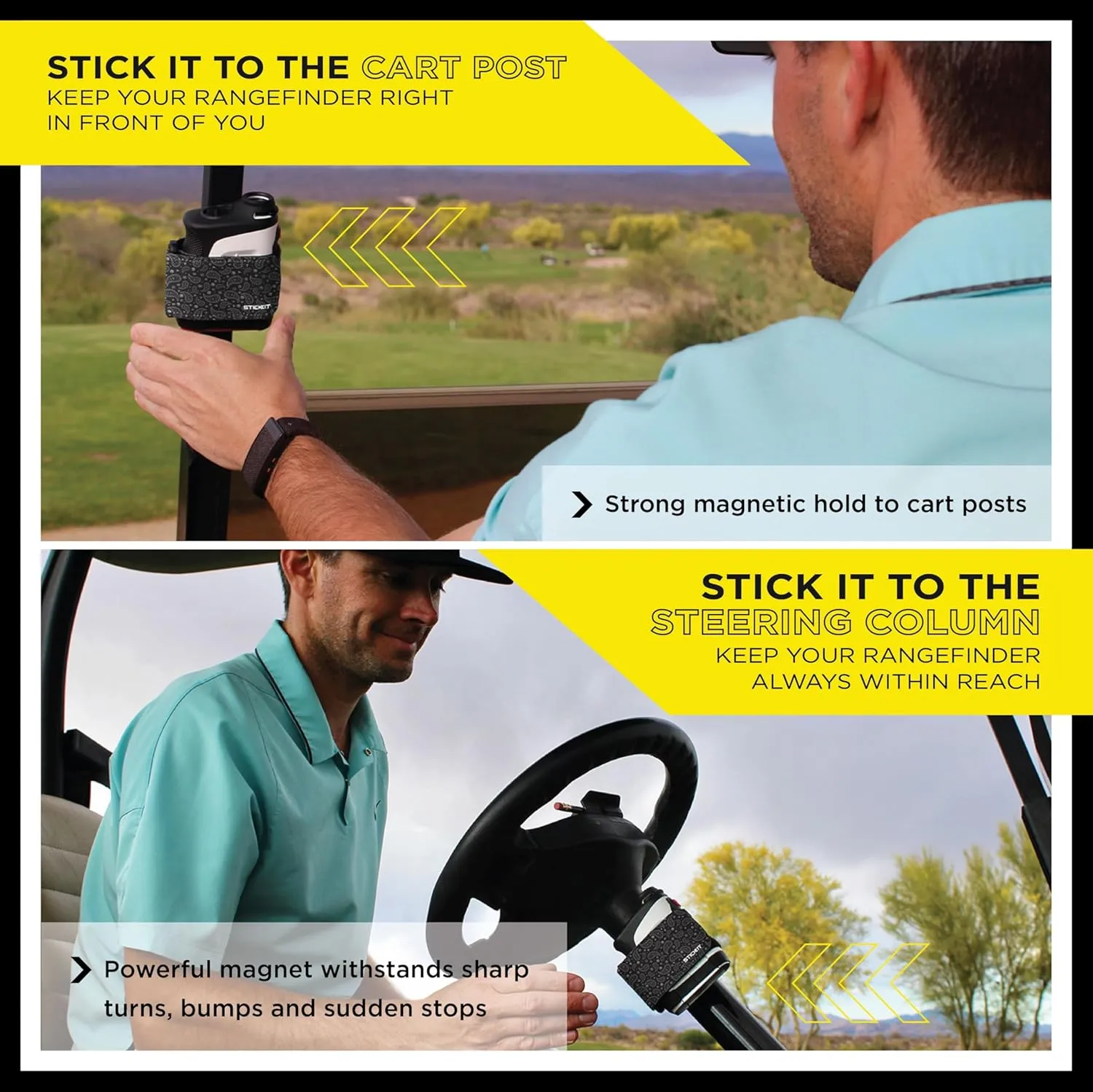 STICKIT Magnetic Rangefinder Strap | Strong Magnet Securely Holds to Golf Carts and Golf Clubs for Easy Access | Slim, Form Fitting, Size Adjustable