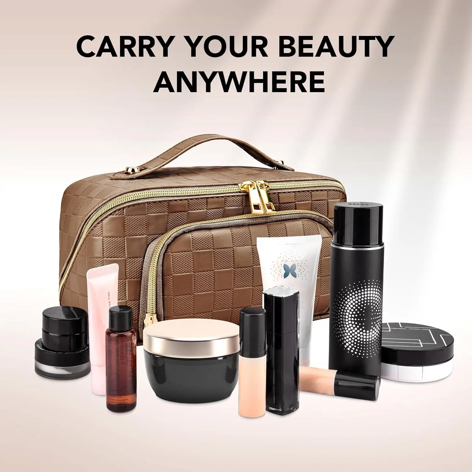 stona Travel Makeup Bag for Women, Large Capacity PU Leather Waterproof Checkered Cosmetic Bags, Portable Pouch Open Flat Toiletry Bag, Make up Organizer with Divider and Handle, Brown