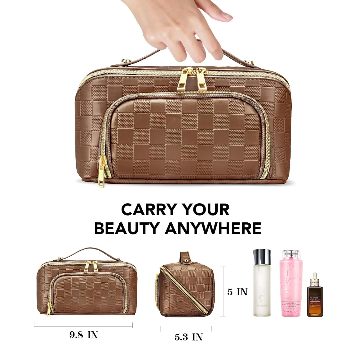 stona Travel Makeup Bag for Women, Large Capacity PU Leather Waterproof Checkered Cosmetic Bags, Portable Pouch Open Flat Toiletry Bag, Make up Organizer with Divider and Handle, Brown