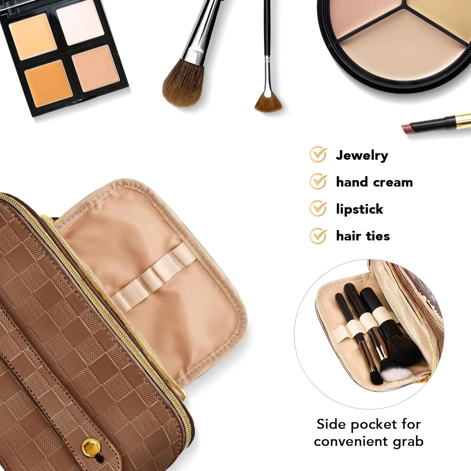 stona Travel Makeup Bag for Women, Large Capacity PU Leather Waterproof Checkered Cosmetic Bags, Portable Pouch Open Flat Toiletry Bag, Make up Organizer with Divider and Handle, Brown