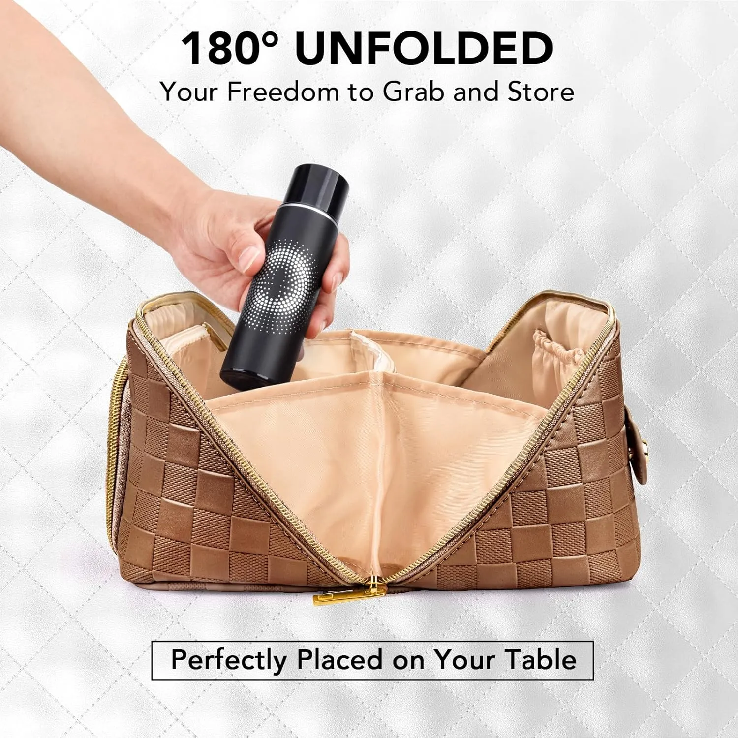stona Travel Makeup Bag for Women, Large Capacity PU Leather Waterproof Checkered Cosmetic Bags, Portable Pouch Open Flat Toiletry Bag, Make up Organizer with Divider and Handle, Brown