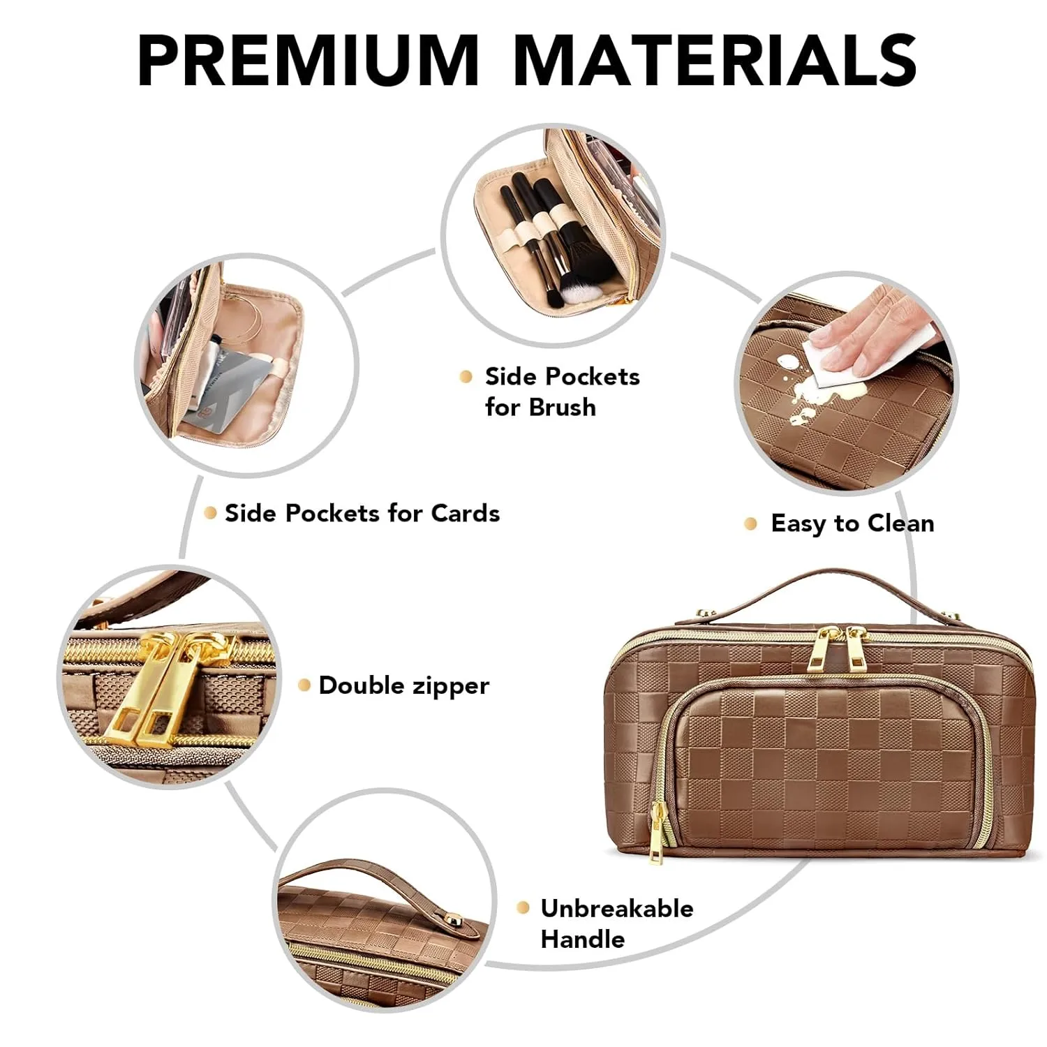 stona Travel Makeup Bag for Women, Large Capacity PU Leather Waterproof Checkered Cosmetic Bags, Portable Pouch Open Flat Toiletry Bag, Make up Organizer with Divider and Handle, Brown
