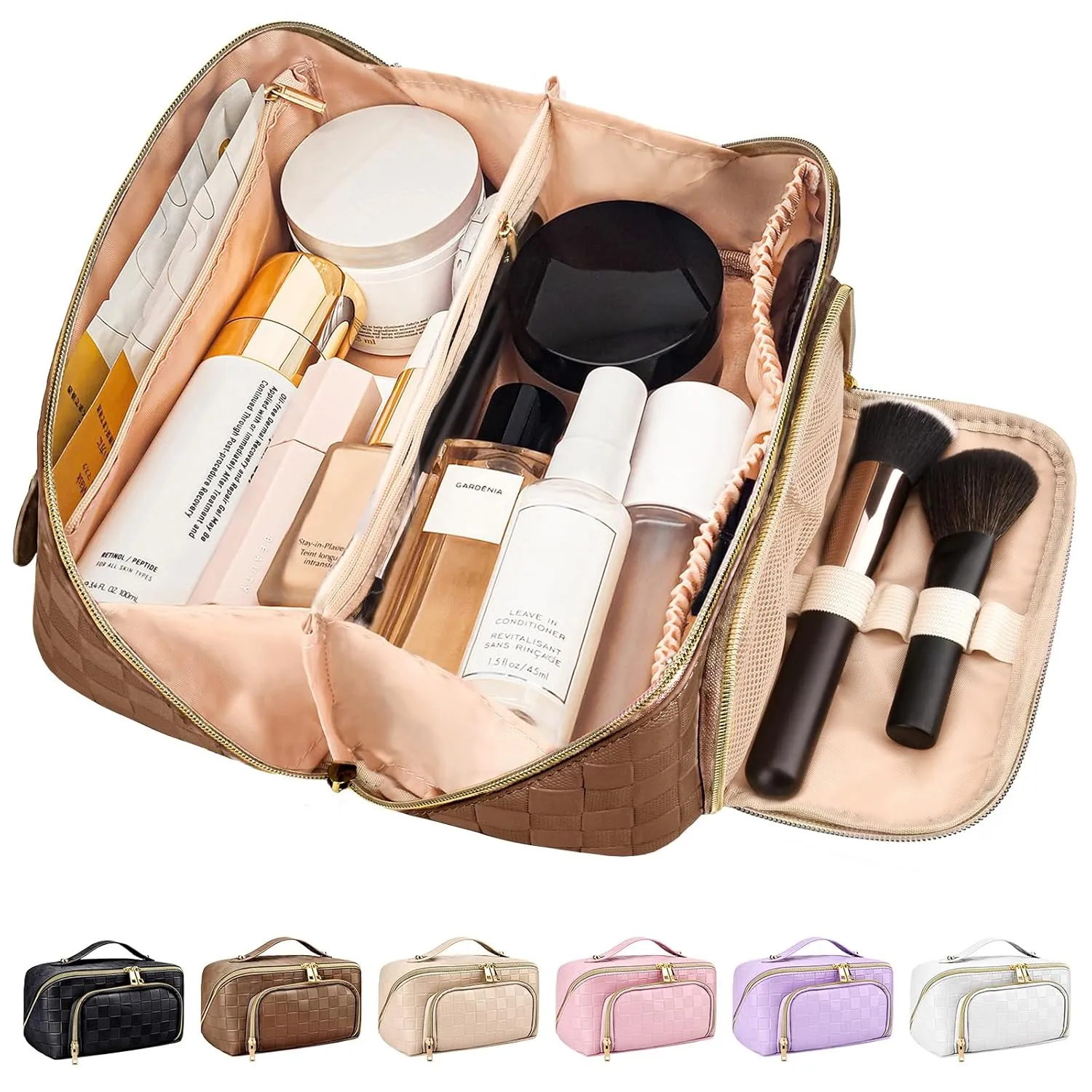 stona Travel Makeup Bag for Women, Large Capacity PU Leather Waterproof Checkered Cosmetic Bags, Portable Pouch Open Flat Toiletry Bag, Make up Organizer with Divider and Handle, Brown