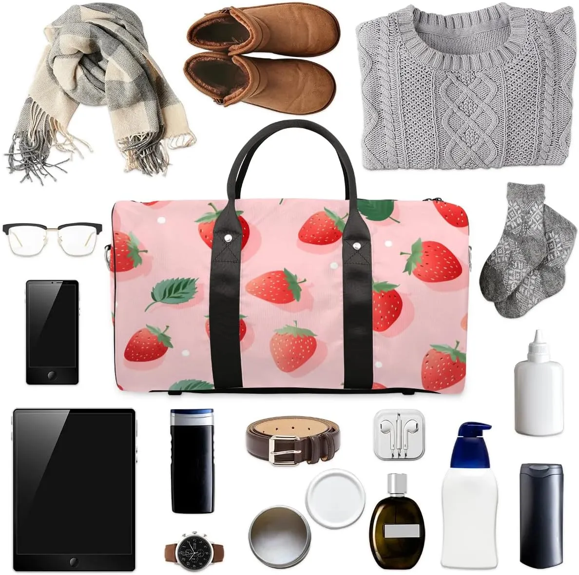 Strawberry Leaves Travel Duffel Bag for Women Men Waterproof Foldable Overnight Weekender Bag Large Capacity Sports Gym Bag