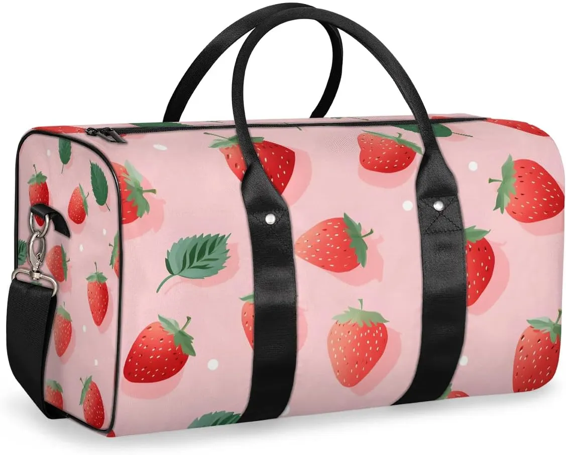 Strawberry Leaves Travel Duffel Bag for Women Men Waterproof Foldable Overnight Weekender Bag Large Capacity Sports Gym Bag