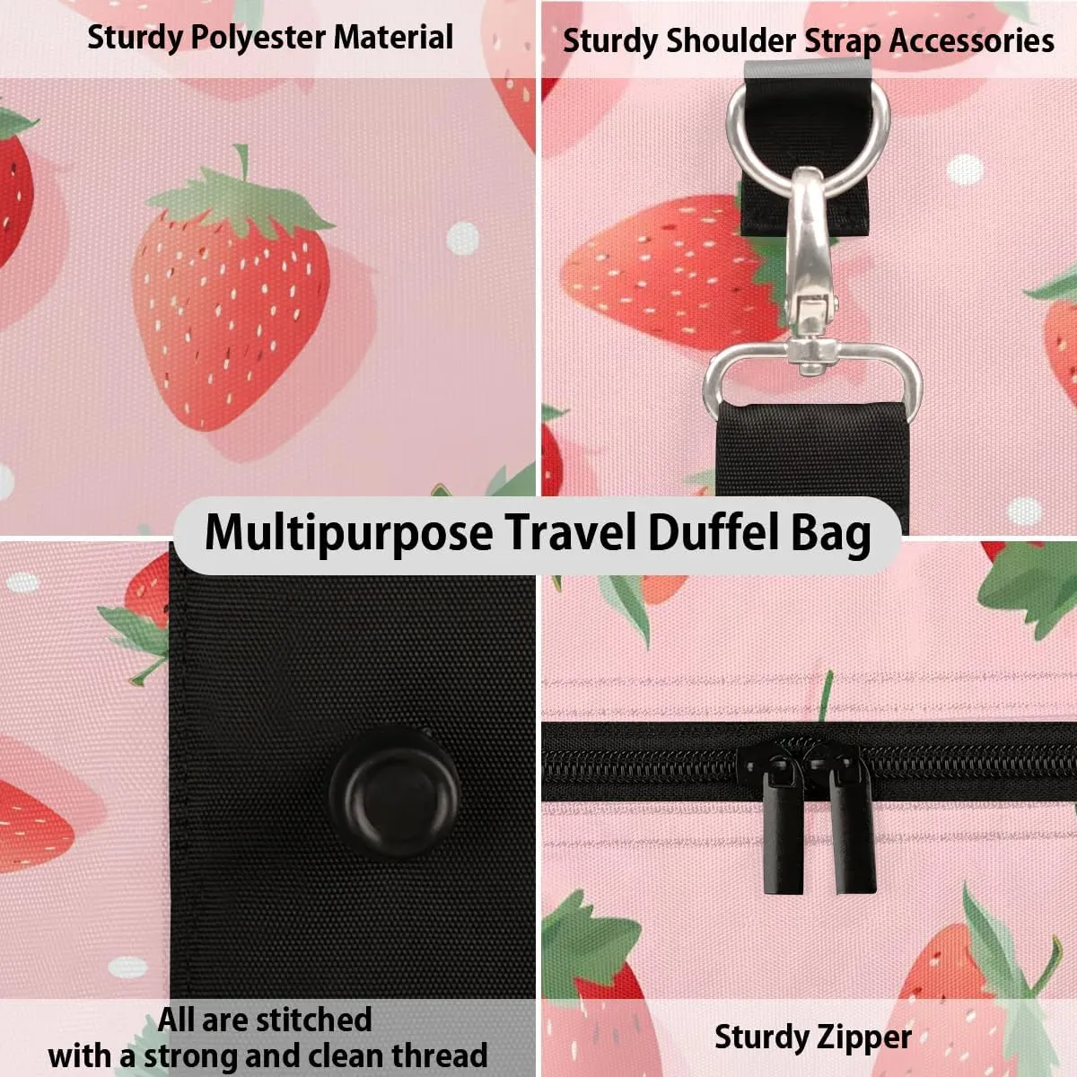 Strawberry Leaves Travel Duffel Bag for Women Men Waterproof Foldable Overnight Weekender Bag Large Capacity Sports Gym Bag