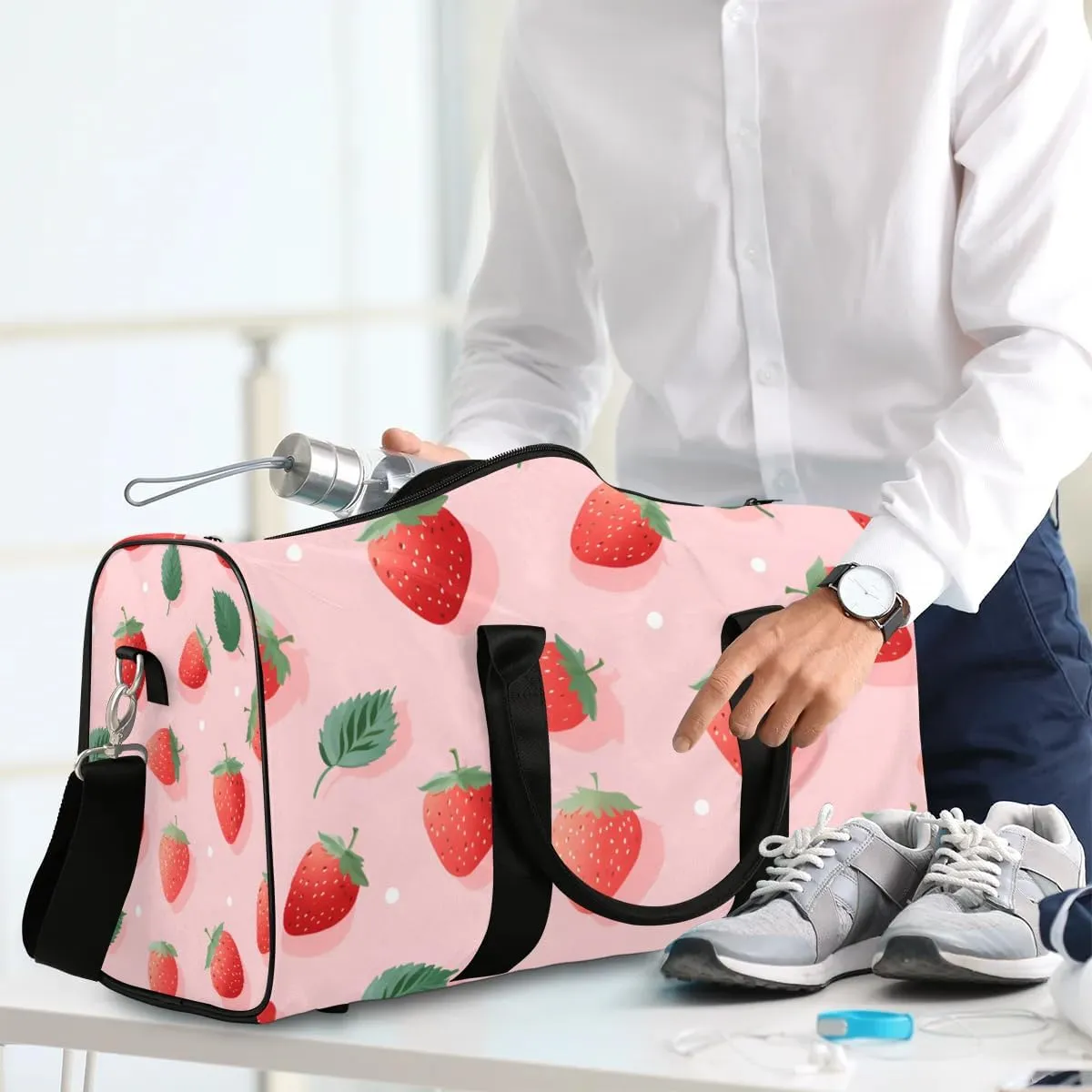 Strawberry Leaves Travel Duffel Bag for Women Men Waterproof Foldable Overnight Weekender Bag Large Capacity Sports Gym Bag