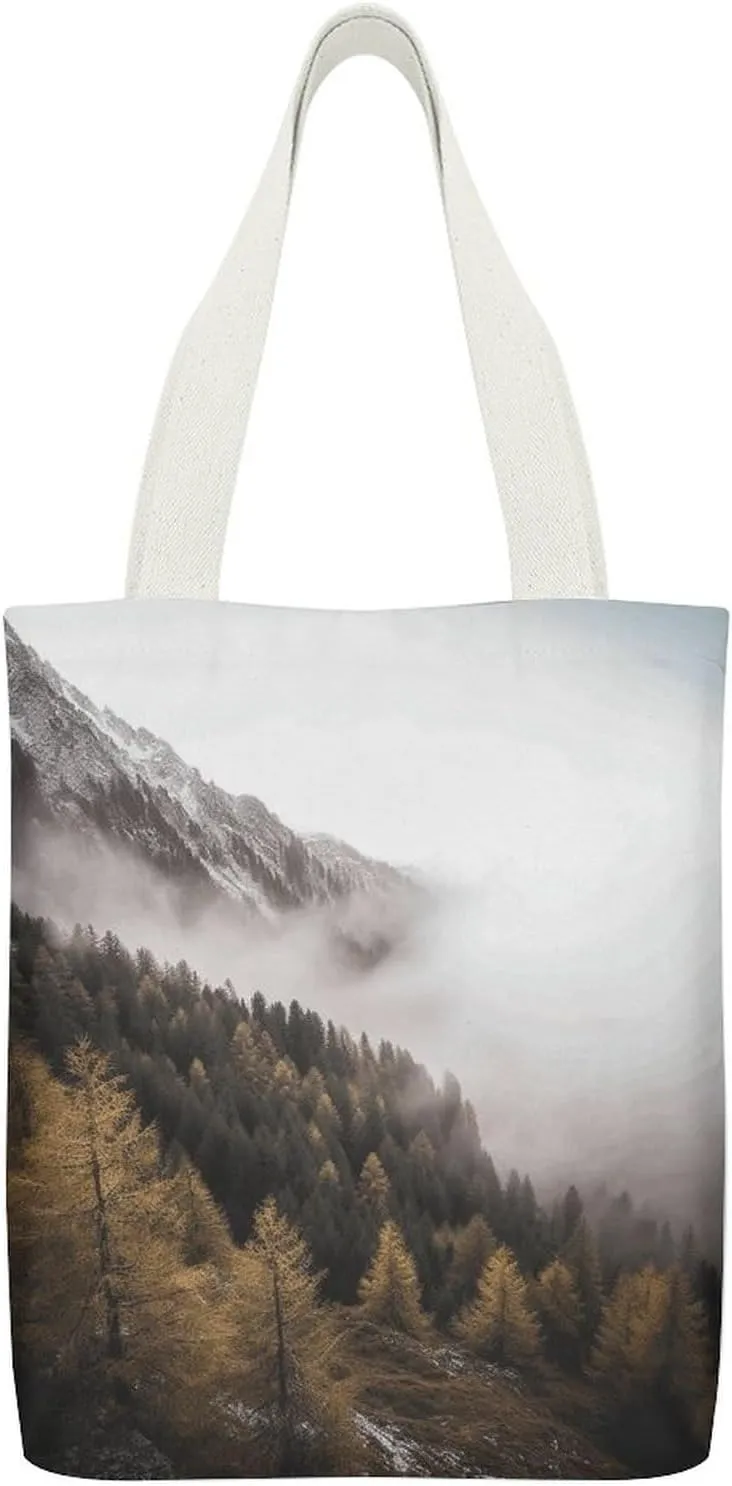 Stylish Shoulder Bag, Trees And Mountain by Fog Print Reusable Grocery Bag Large Canvas Tote Versatile Handbag All-purpose Tote