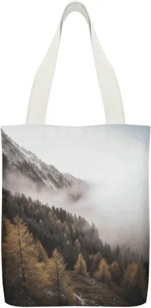 Stylish Shoulder Bag, Trees And Mountain by Fog Print Reusable Grocery Bag Large Canvas Tote Versatile Handbag All-purpose Tote