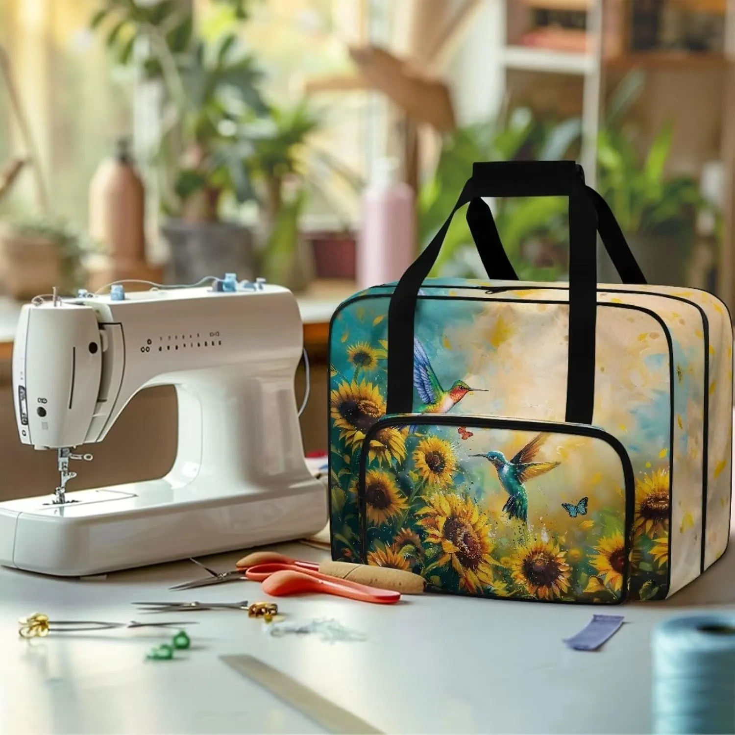 Sunflower Hummingbird Butterfly Sewing Machine Case, Universal Travel Bag，Lightweight Dust proof Compatible for Most Standard Sewing Machines