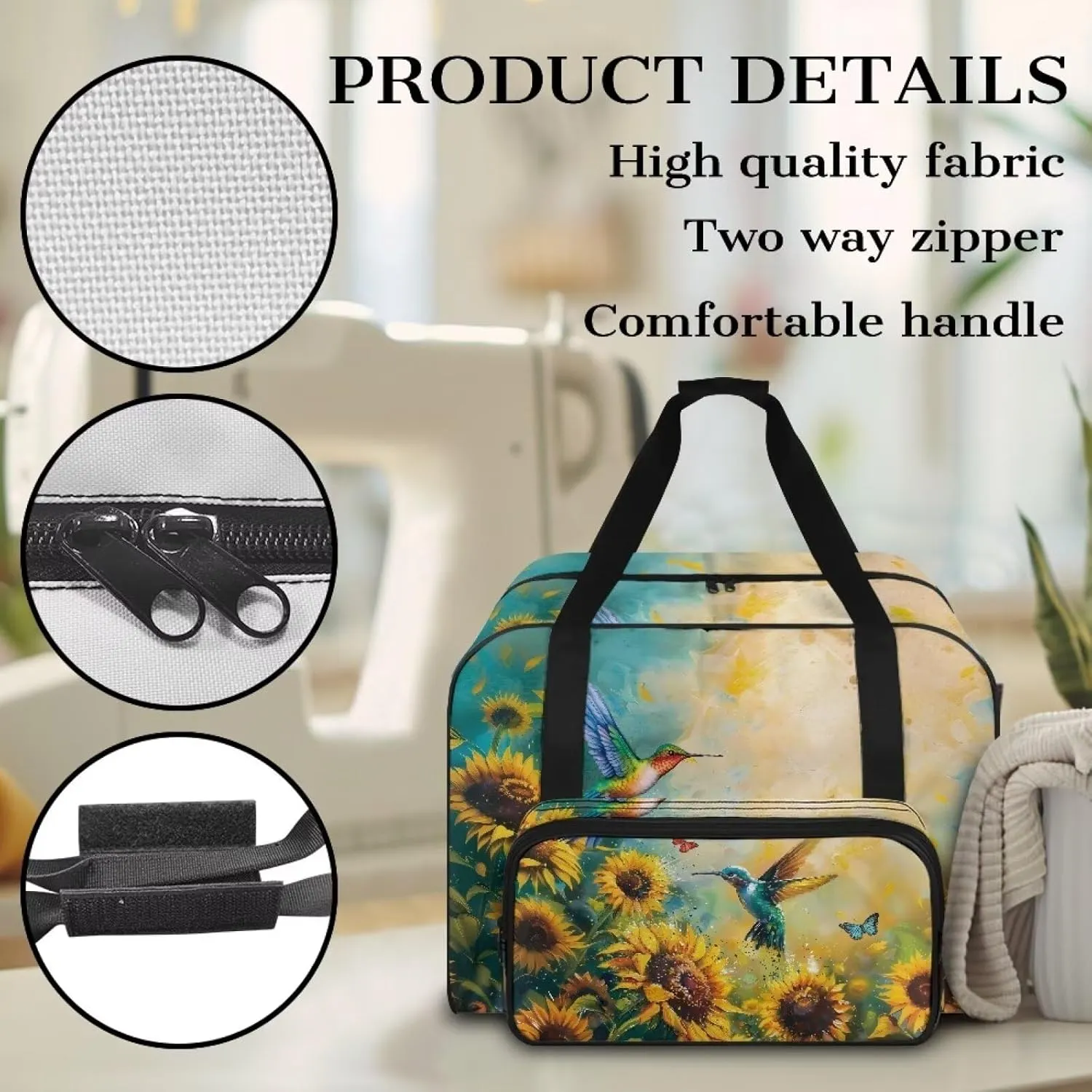 Sunflower Hummingbird Butterfly Sewing Machine Case, Universal Travel Bag，Lightweight Dust proof Compatible for Most Standard Sewing Machines