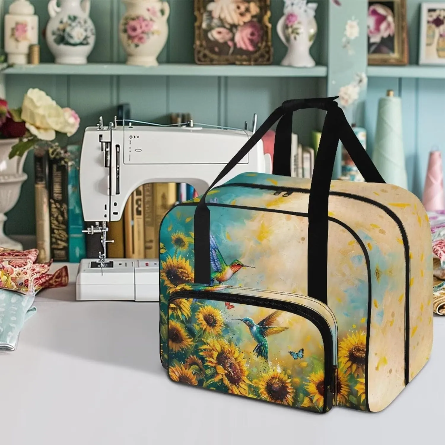 Sunflower Hummingbird Butterfly Sewing Machine Case, Universal Travel Bag，Lightweight Dust proof Compatible for Most Standard Sewing Machines