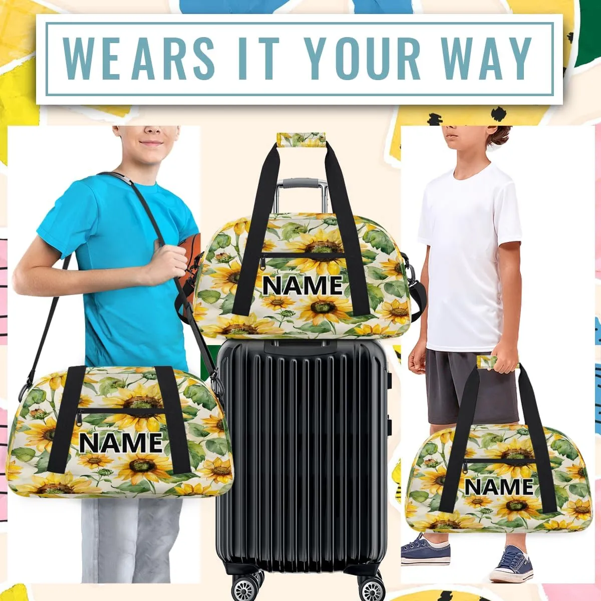 Sunflower Mini Gym Bag 18 inch for Women Men Waterproof Custom Yellow Flower Floral Travel Duffel Bag Carry On Overnight Tote Nurse Bag for Work Fitness Hiking