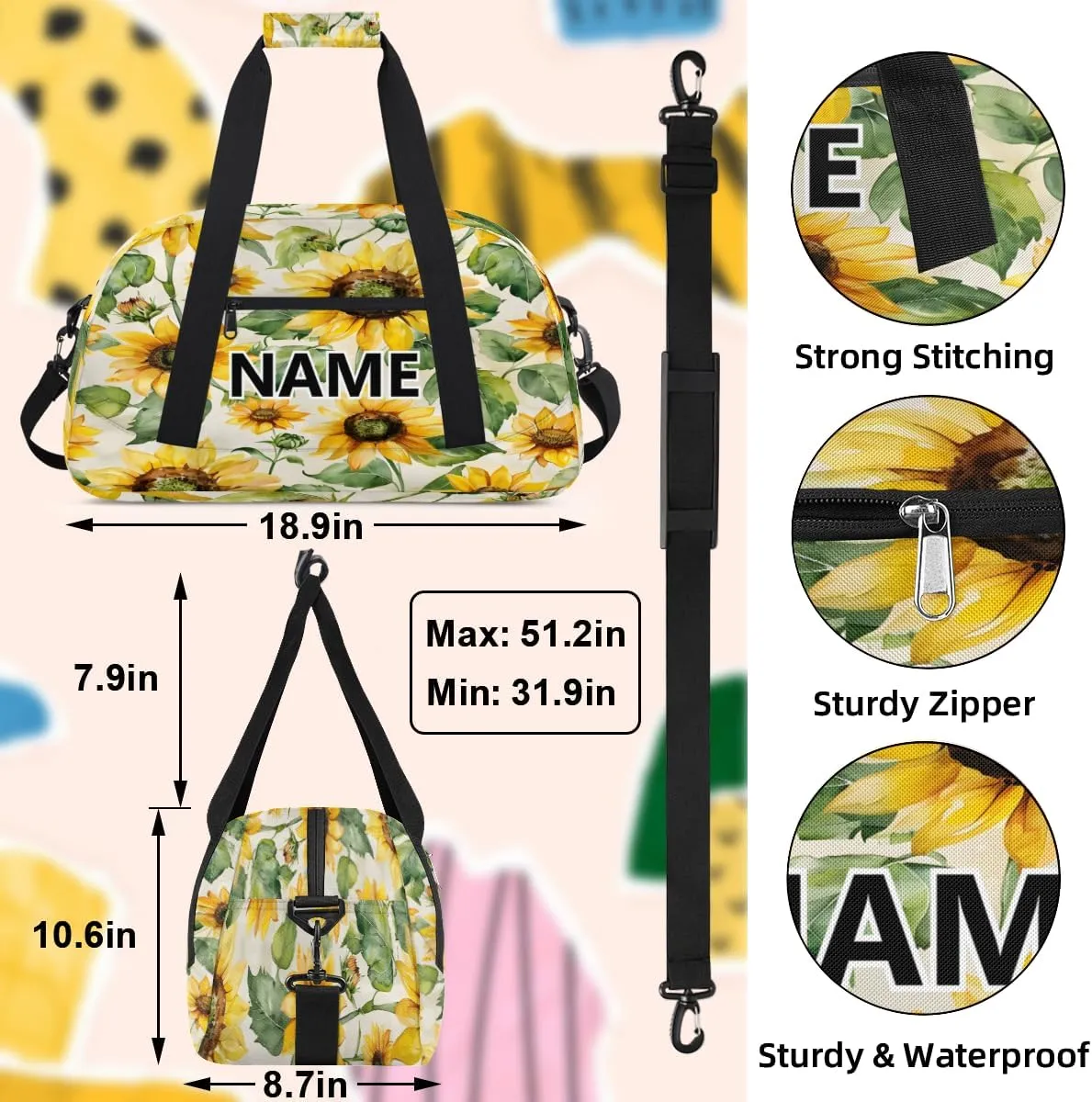 Sunflower Mini Gym Bag 18 inch for Women Men Waterproof Custom Yellow Flower Floral Travel Duffel Bag Carry On Overnight Tote Nurse Bag for Work Fitness Hiking