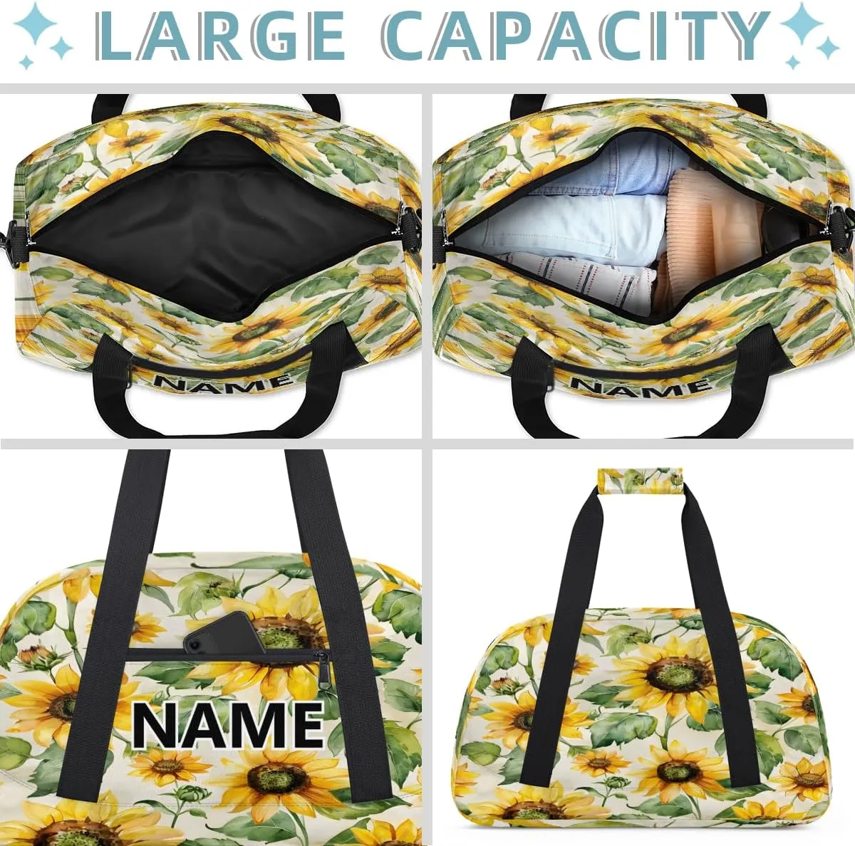 Sunflower Mini Gym Bag 18 inch for Women Men Waterproof Custom Yellow Flower Floral Travel Duffel Bag Carry On Overnight Tote Nurse Bag for Work Fitness Hiking