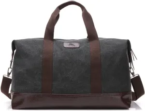 Sunshinejing Classic Weekender Overnight Duffel Bag Canvas Leather Carry on Travel Tote (Black)