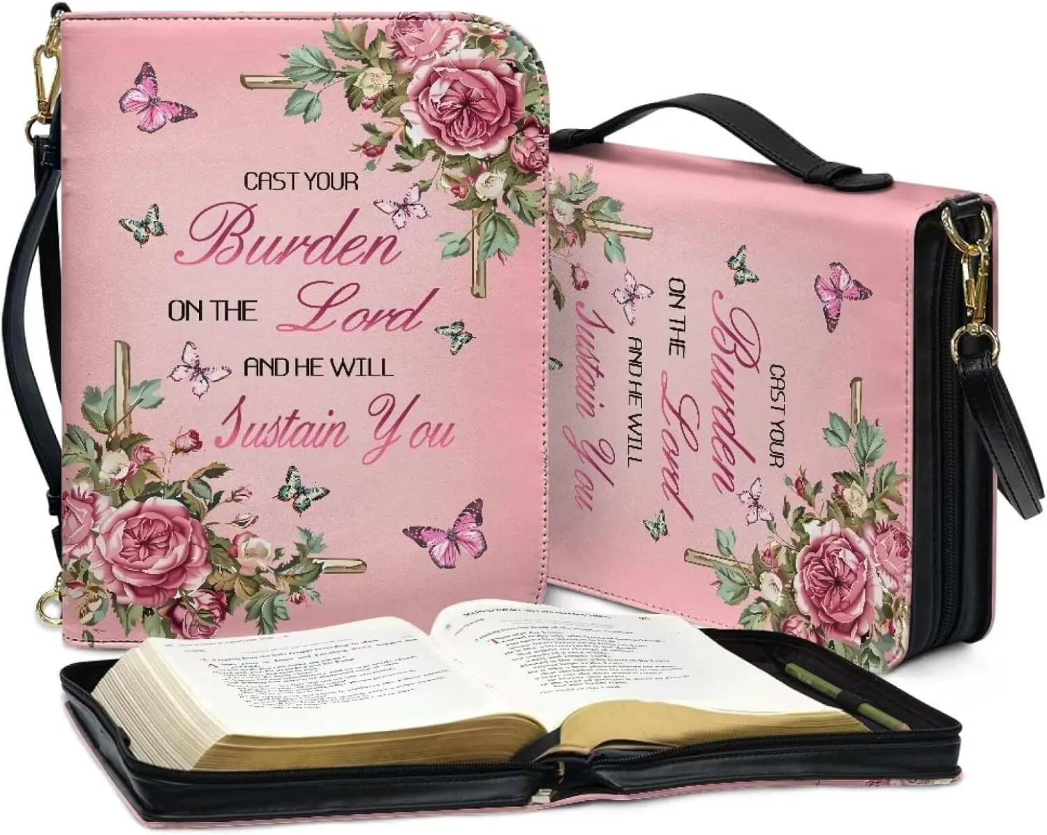 Suobstales Cross Butterfly Flower Print Bible Cover for Bible Study Supplies, Cast Your Burden on the Lord Bible Case with Handle and Strap, Lightweight Bible Tote Bag Book Case for Women Men, 2XL