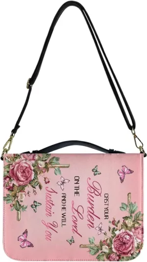 Suobstales Cross Butterfly Flower Print Bible Cover for Bible Study Supplies, Cast Your Burden on the Lord Bible Case with Handle and Strap, Lightweight Bible Tote Bag Book Case for Women Men, 2XL