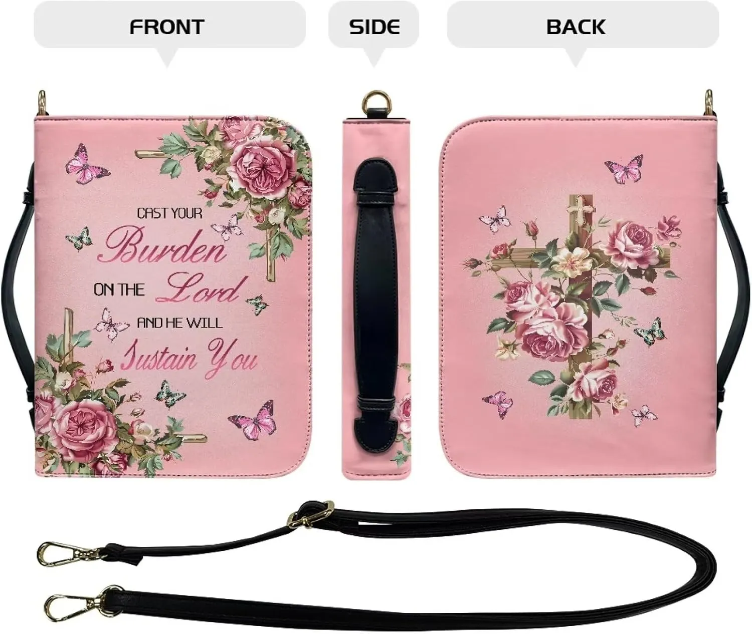 Suobstales Cross Butterfly Flower Print Bible Cover for Bible Study Supplies, Cast Your Burden on the Lord Bible Case with Handle and Strap, Lightweight Bible Tote Bag Book Case for Women Men, 2XL