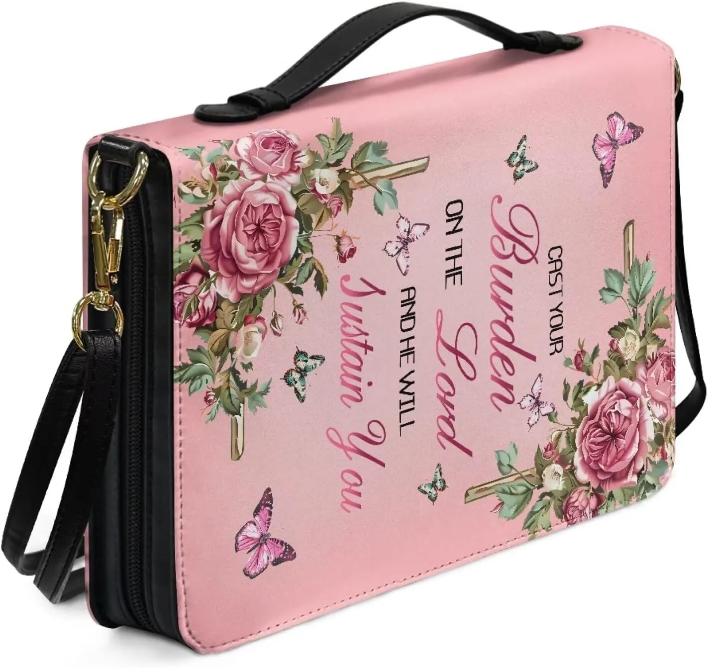 Suobstales Cross Butterfly Flower Print Bible Cover for Bible Study Supplies, Cast Your Burden on the Lord Bible Case with Handle and Strap, Lightweight Bible Tote Bag Book Case for Women Men, 2XL