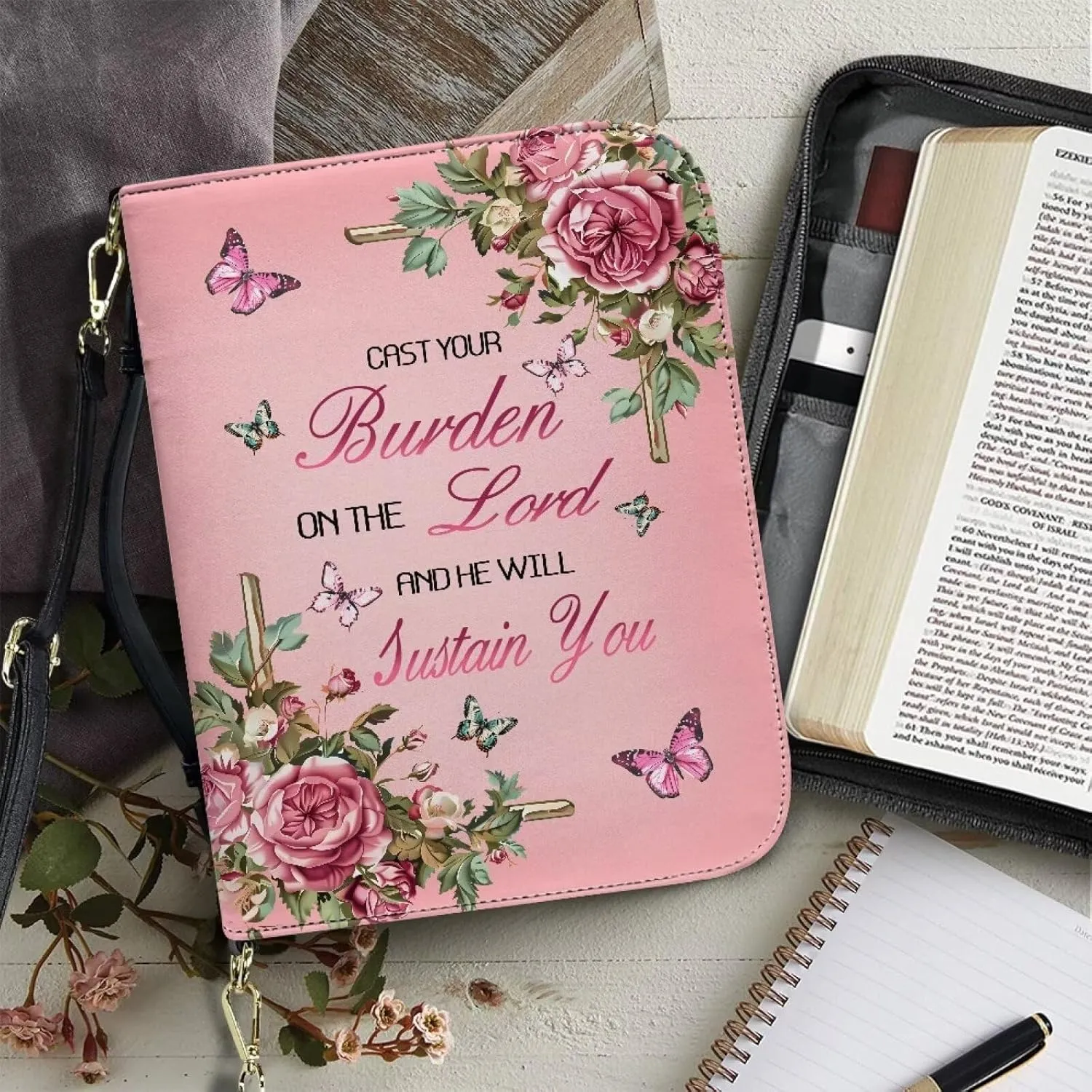 Suobstales Cross Butterfly Flower Print Bible Cover for Bible Study Supplies, Cast Your Burden on the Lord Bible Case with Handle and Strap, Lightweight Bible Tote Bag Book Case for Women Men, 2XL