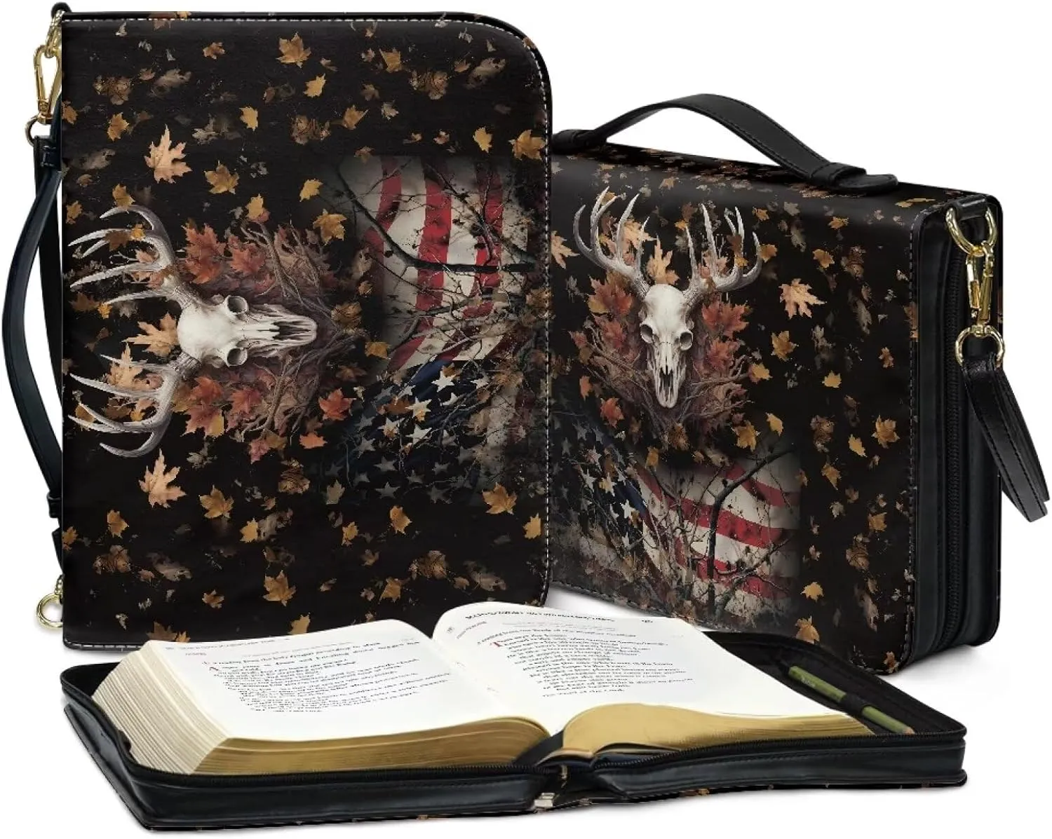 Suobstales Deer Skull American Flag Pattern Bible Cover for Women Men Lightweight PU Leather Makeup Organizer Expand Brief Case Journal Case Christian Purse Handbags with Shoulder Strap, XL
