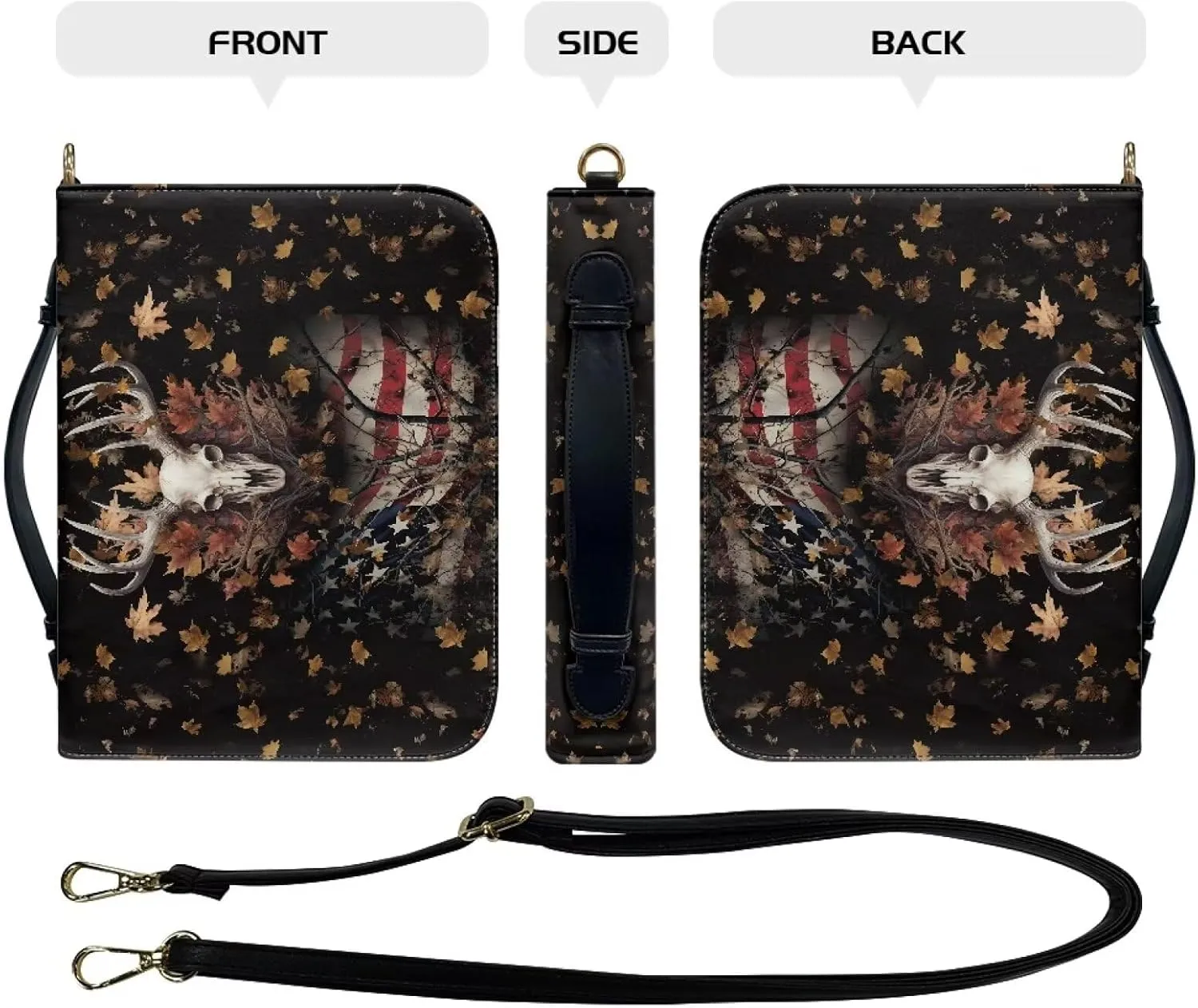 Suobstales Deer Skull American Flag Pattern Bible Cover for Women Men Lightweight PU Leather Makeup Organizer Expand Brief Case Journal Case Christian Purse Handbags with Shoulder Strap, XL