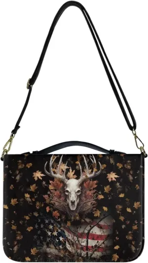 Suobstales Deer Skull American Flag Pattern Bible Cover for Women Men Lightweight PU Leather Makeup Organizer Expand Brief Case Journal Case Christian Purse Handbags with Shoulder Strap, XL