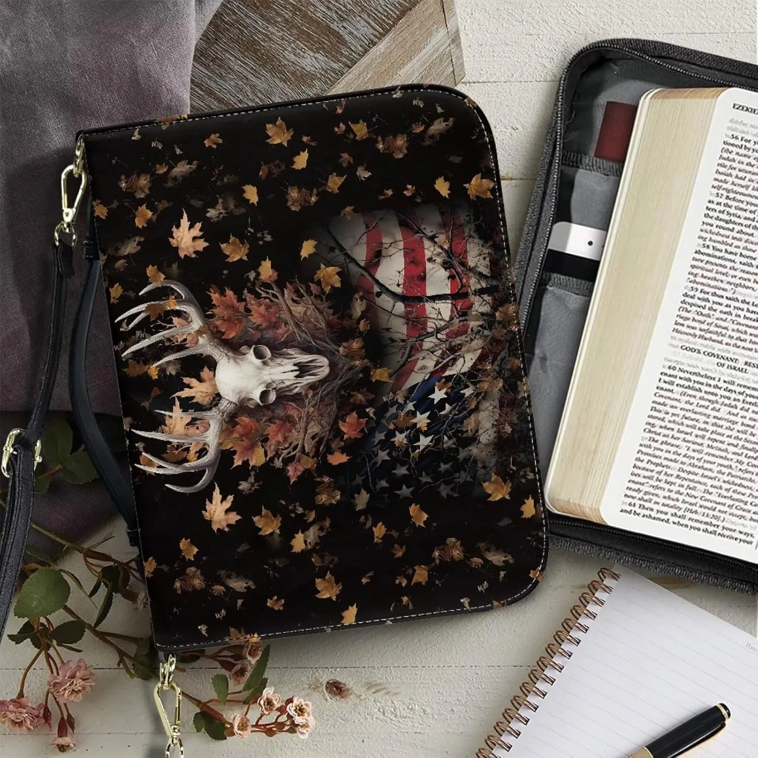 Suobstales Deer Skull American Flag Pattern Bible Cover for Women Men Lightweight PU Leather Makeup Organizer Expand Brief Case Journal Case Christian Purse Handbags with Shoulder Strap, XL