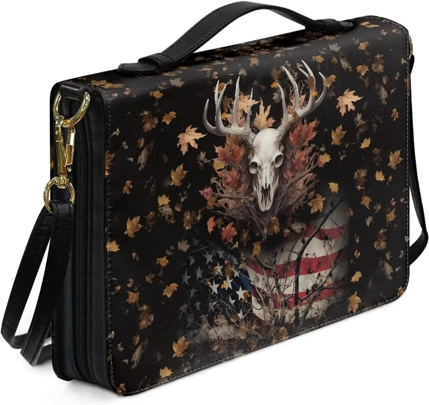 Suobstales Deer Skull American Flag Pattern Bible Cover for Women Men Lightweight PU Leather Makeup Organizer Expand Brief Case Journal Case Christian Purse Handbags with Shoulder Strap, XL